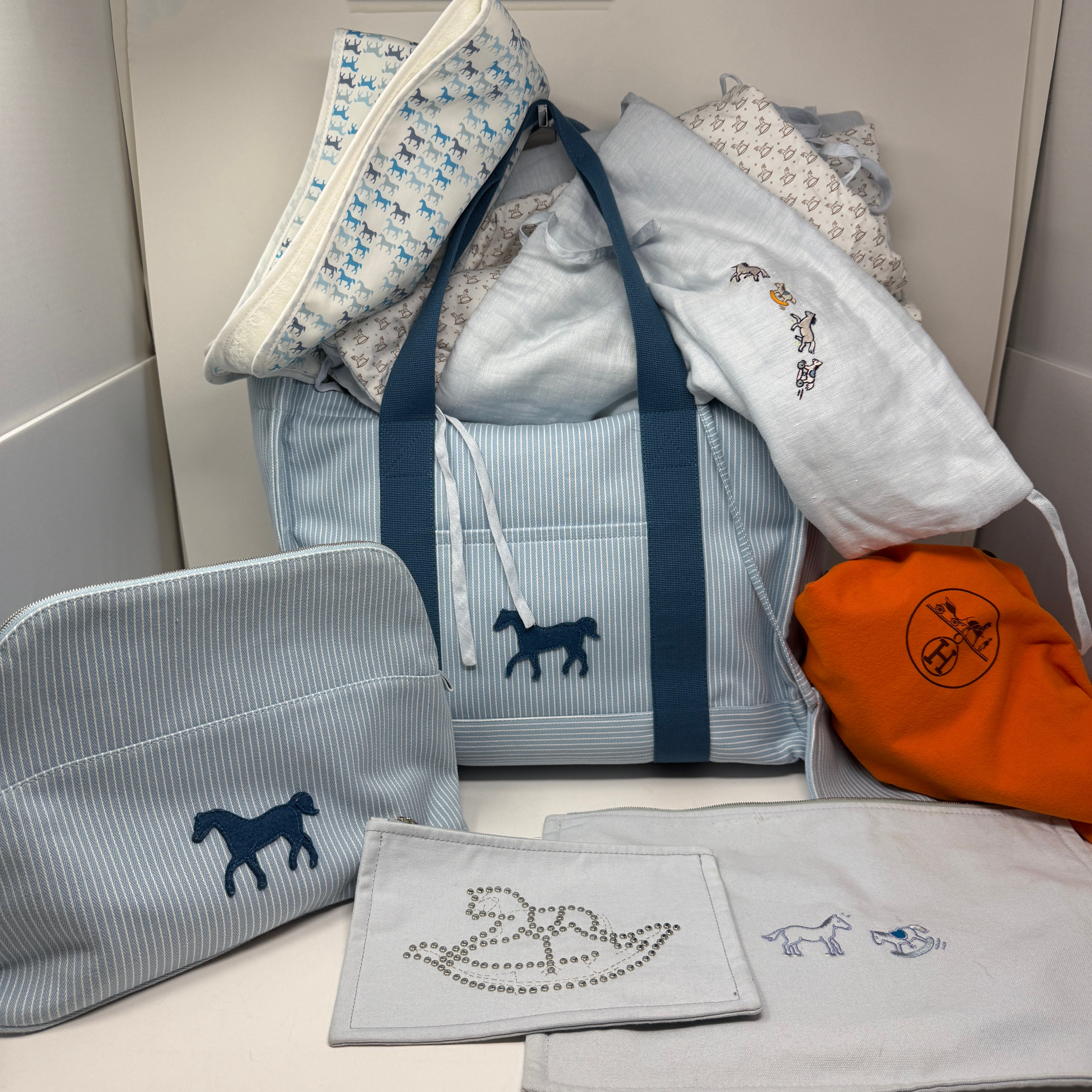 Hermes Nappy Diaper Baby Bag Purse Tote Multiple Pouches Blue White Stripe Horse