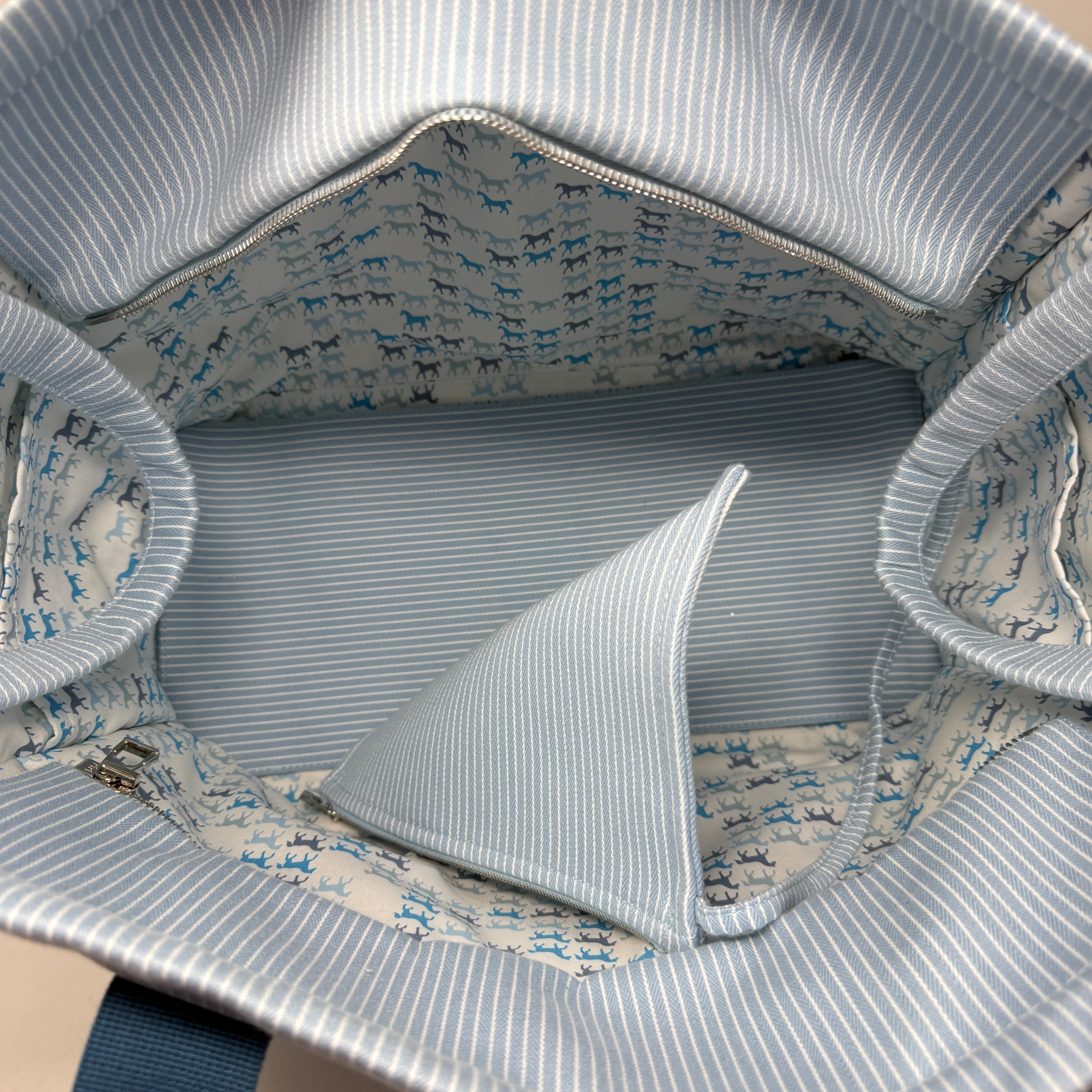 Hermes Nappy Diaper Baby Bag Purse Tote Multiple Pouches Blue White Stripe Horse