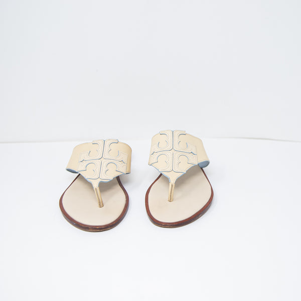 Tory Burch Jamie Genuine Leather Logo Embossed Flat Slip On Sandals Shoes Beige