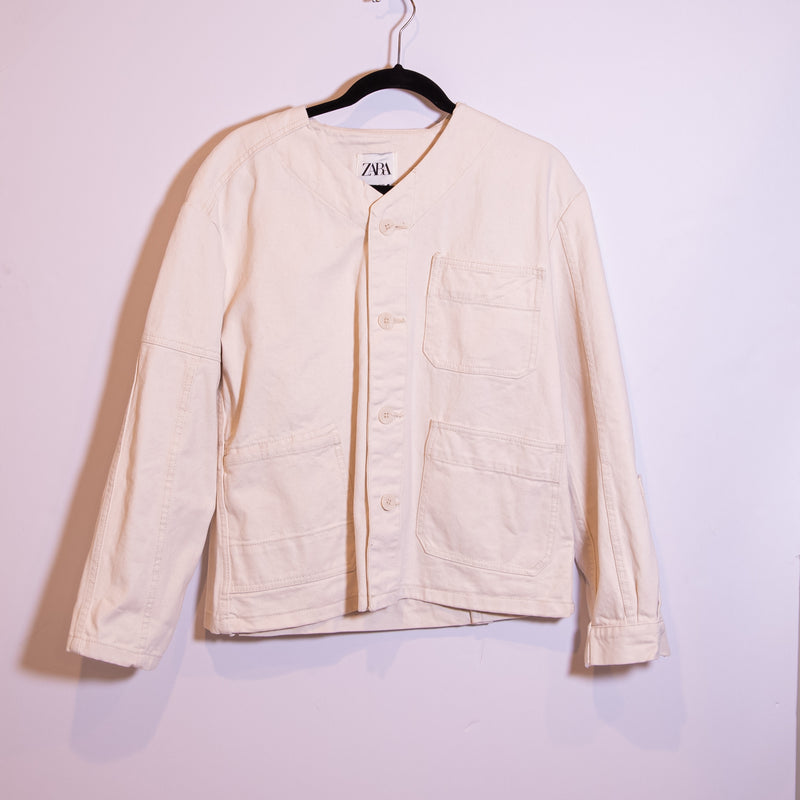 Zara Cotton Collarless Button Front Multi Pocket Cotton Denim Jacket Ivory XS