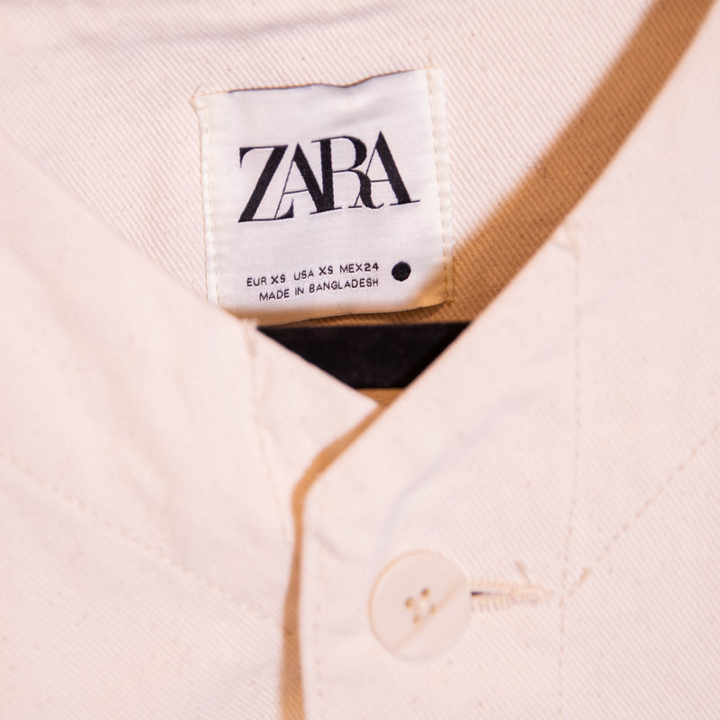 Zara Cotton Collarless Button Front Multi Pocket Cotton Denim Jacket Ivory XS