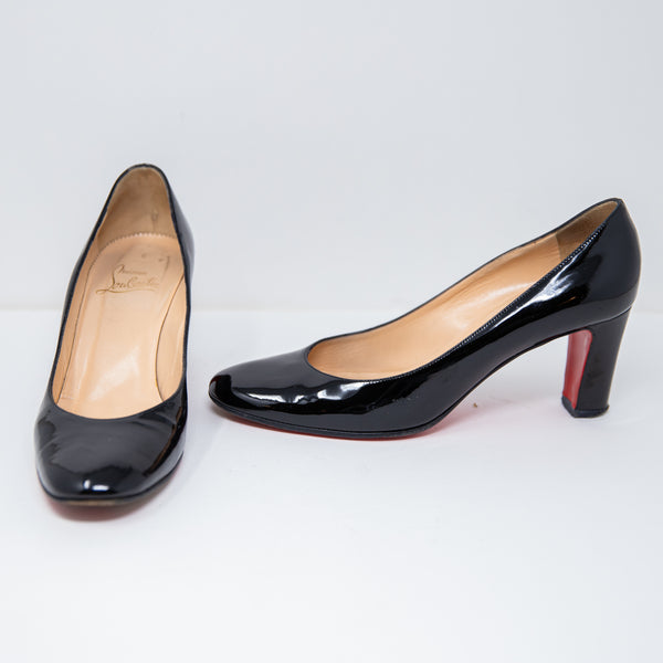 Christian Louboutin Black Patent Leather Round Toe Slip On High Heels Pumps Shoe