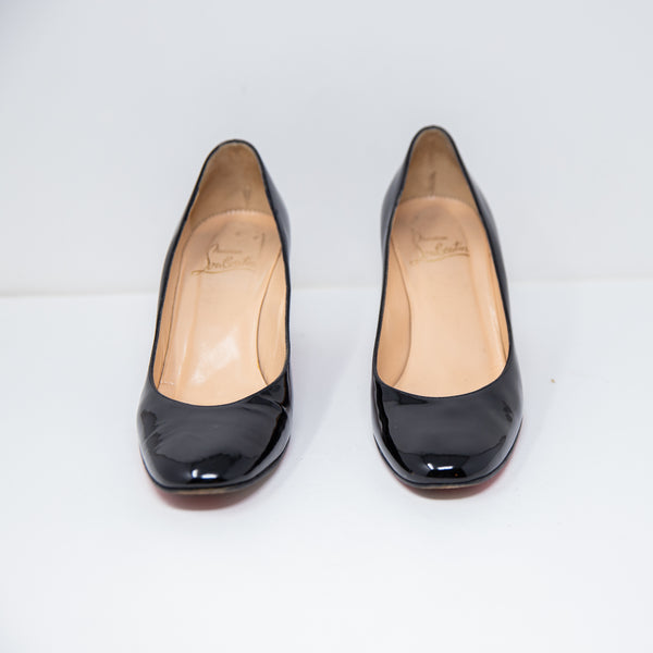 Christian Louboutin Black Patent Leather Round Toe Slip On High Heels Pumps Shoe