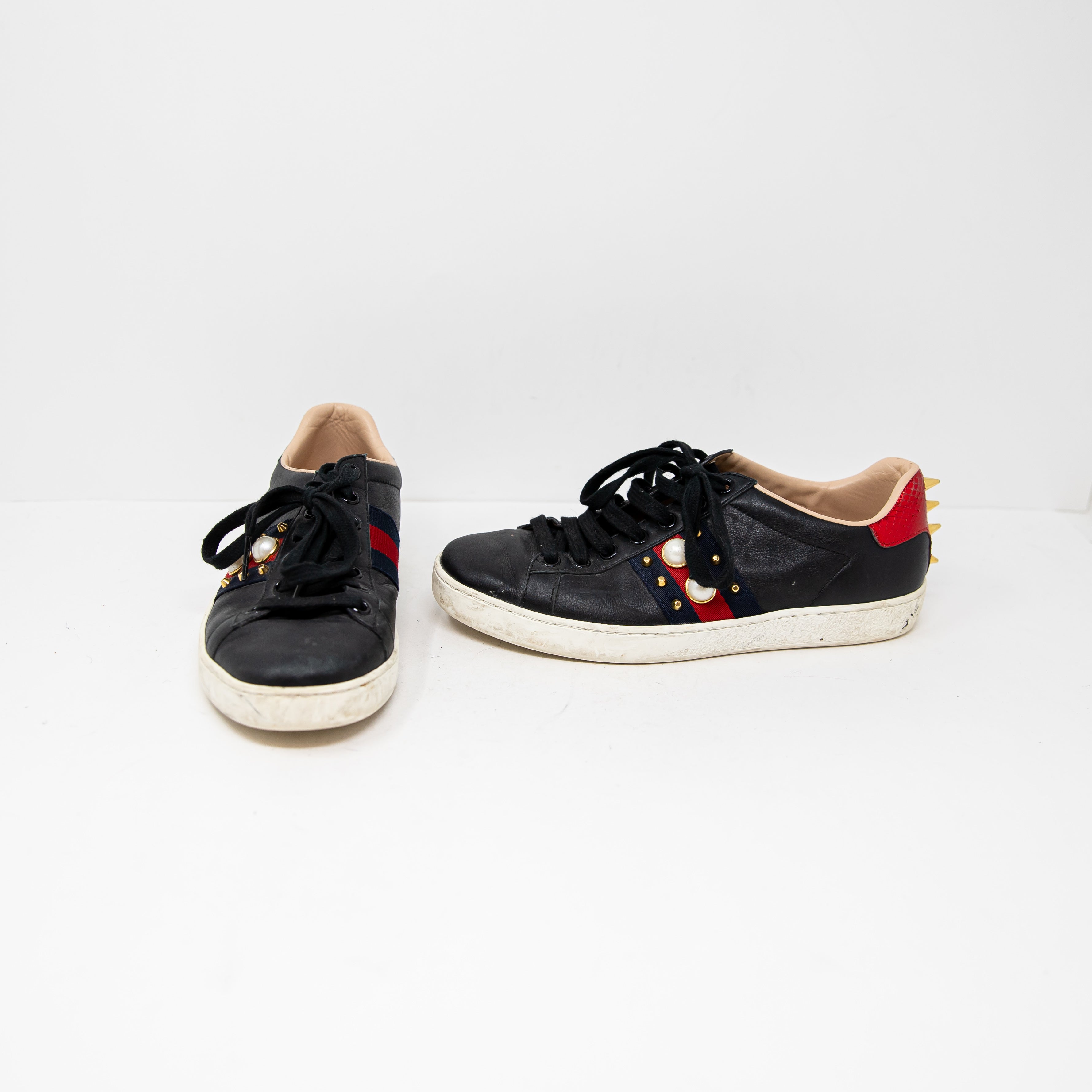 Gucci Women's Ace Web Studded Pearl Spike Embellished Leather Low Top Sneakers 5