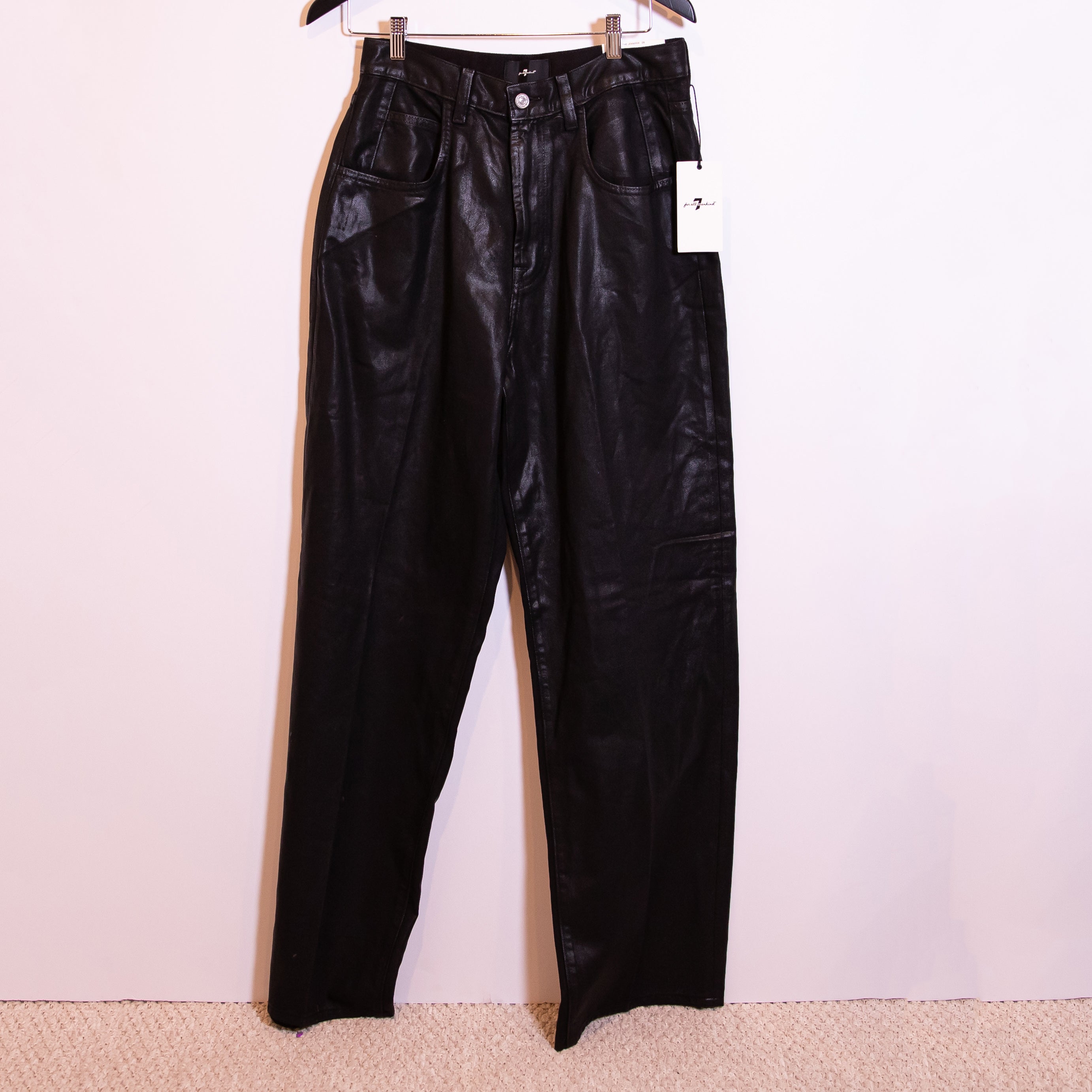 NEW 7 For All Mankind The Jennifer High Rise Baggy Fit Straight Shiny Black Jean