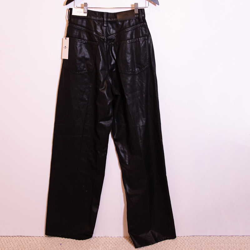 NEW 7 For All Mankind The Jennifer High Rise Baggy Fit Straight Shiny Black Jean