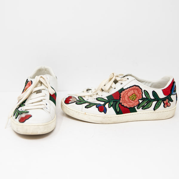 Gucci Women's Ace Floral Flower Knit Applique Leather Low Top Sneakers Shoes 5