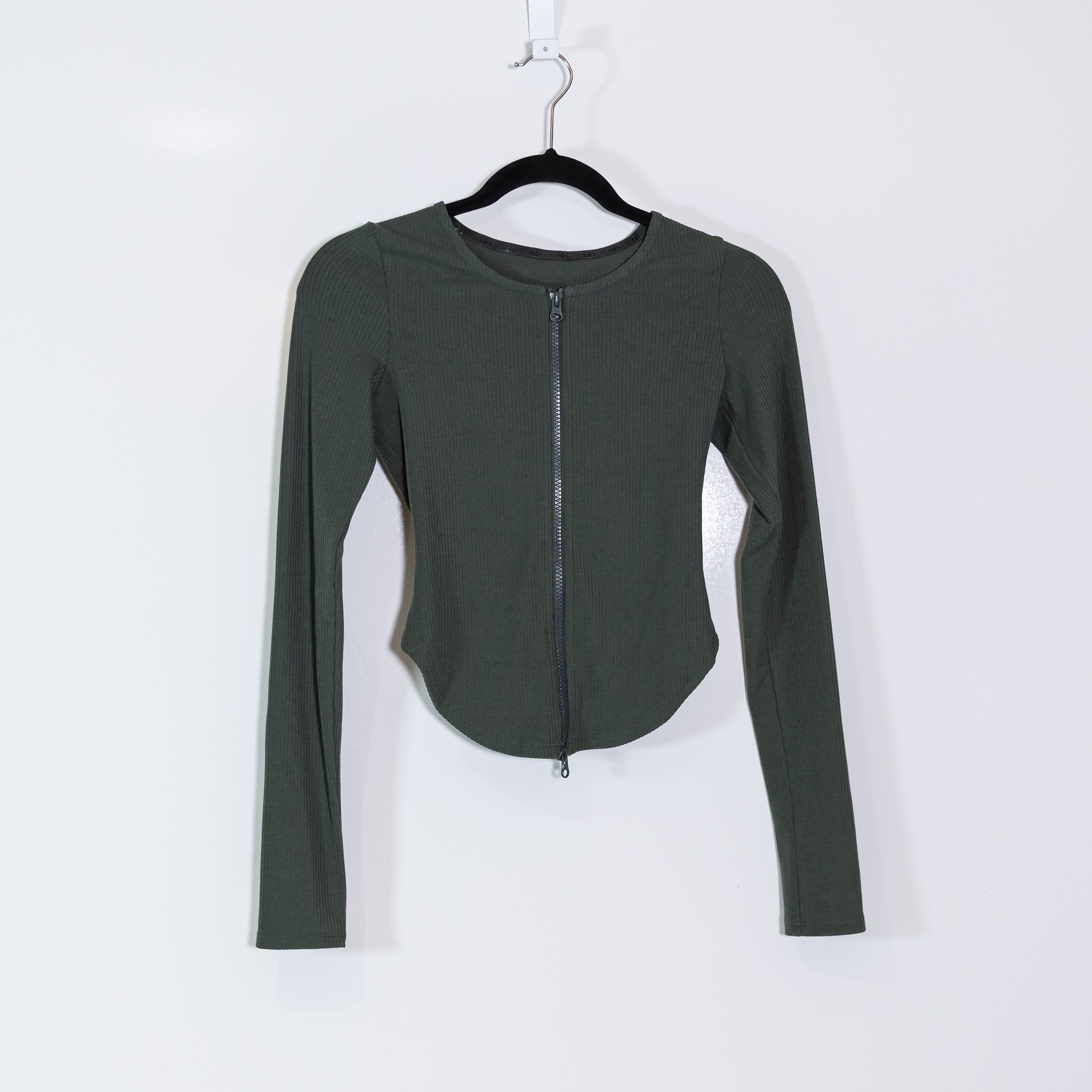Alo Yoga Women's Ribbed Stardust Long Sleeve Full Zip Cropped Sweater Top Green