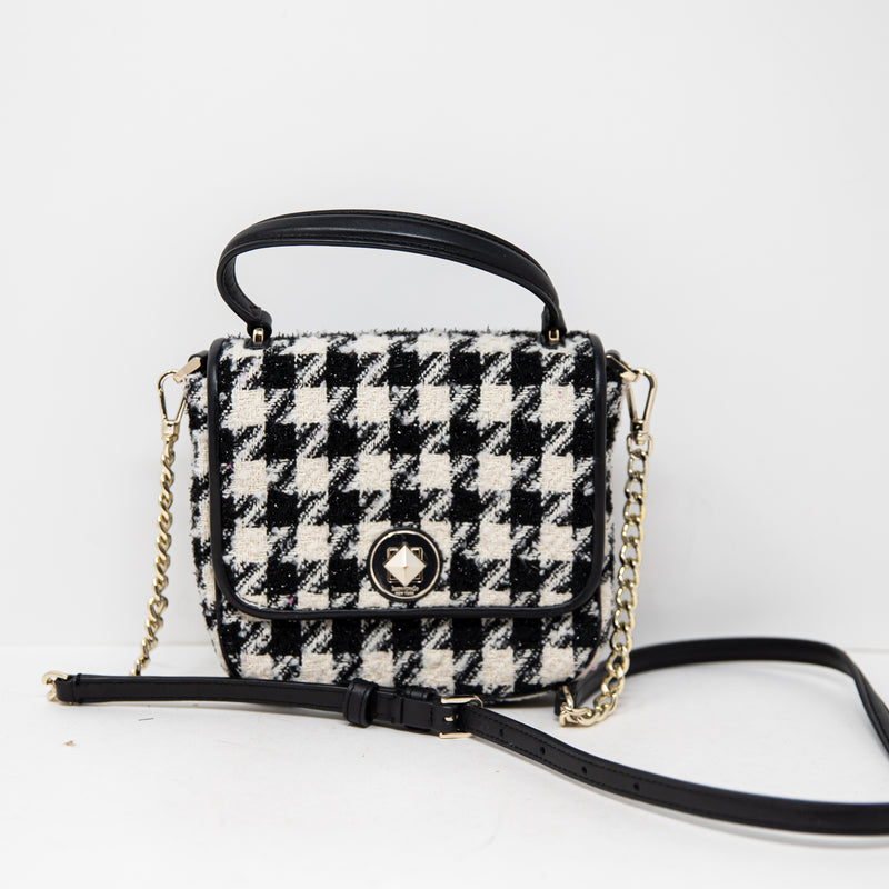 Kate Spade Natalia Black White Woven Houndstooth Knit Crossbody Purse Bag Tote