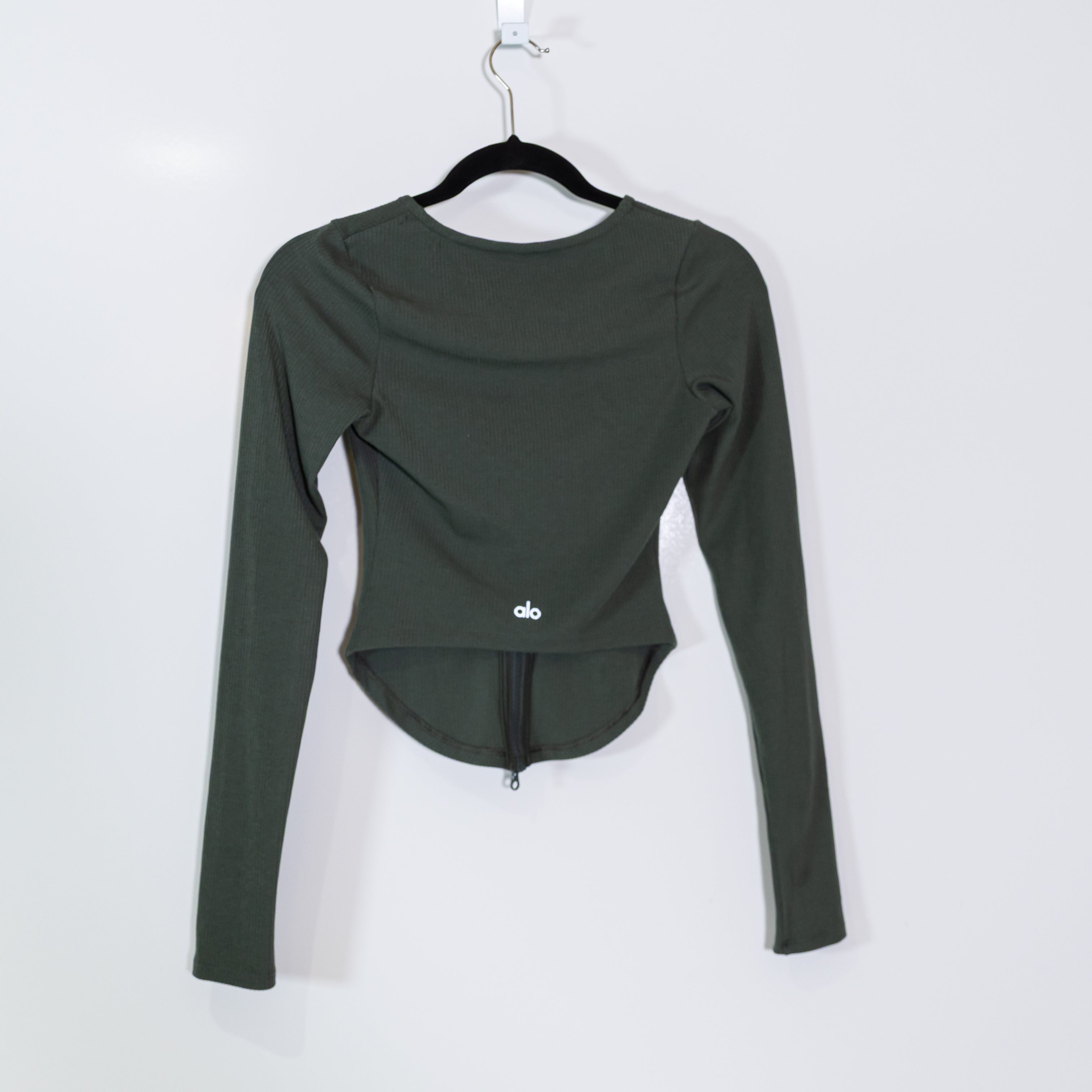 Alo Yoga Women's Ribbed Stardust Long Sleeve Full Zip Cropped Sweater Top Green