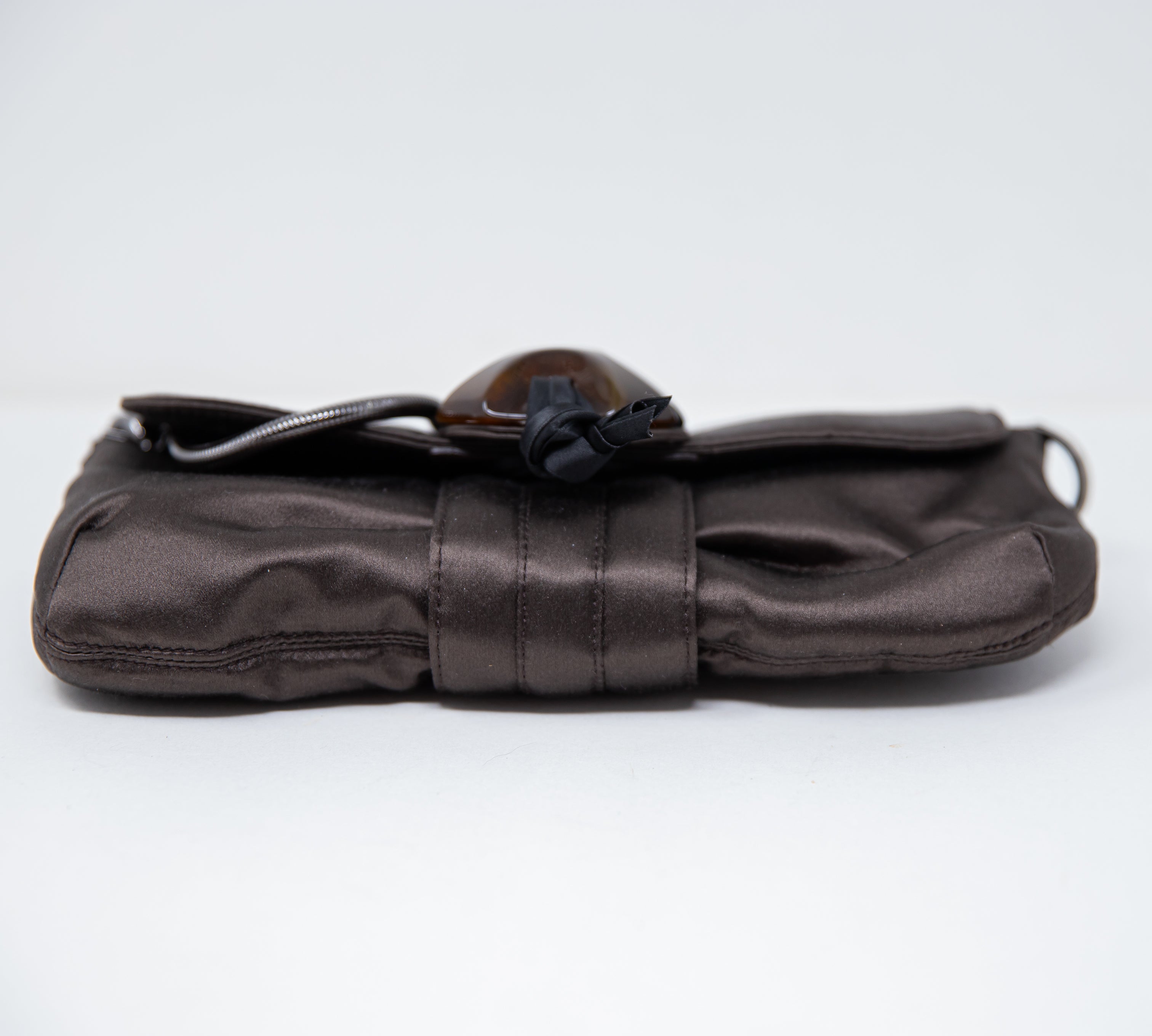 Lanvin Silk Satin Lucite Stone Rectangular Mini Shoulder Bag Purse Brown Silver