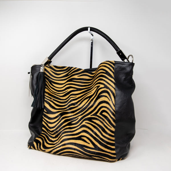 NEW Michele Lopriore Genuine Leather Calf Hair Zebra Animal Print Tote Purse Bag