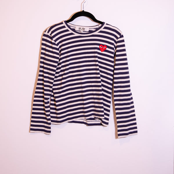 Comme Des Garcons Play Striped Print Long Sleeve T-Shirt With Small Red Heart M