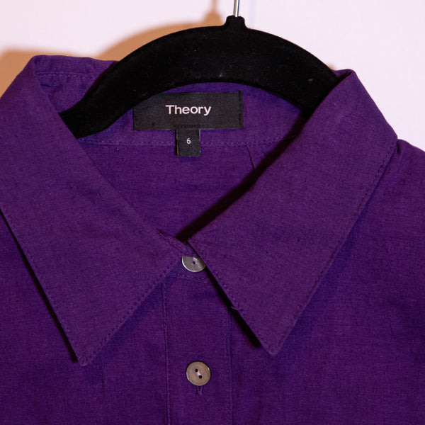 NEW Theory Short Sleeve Button Down Linen Blend Eco Crunch Wash Dress Amethyst 6