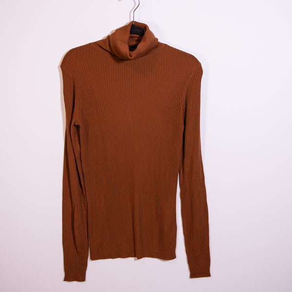Joseph Wool Ribbed Knit Stretch Turtleneck Long Sleeve Sweater Brown Medium