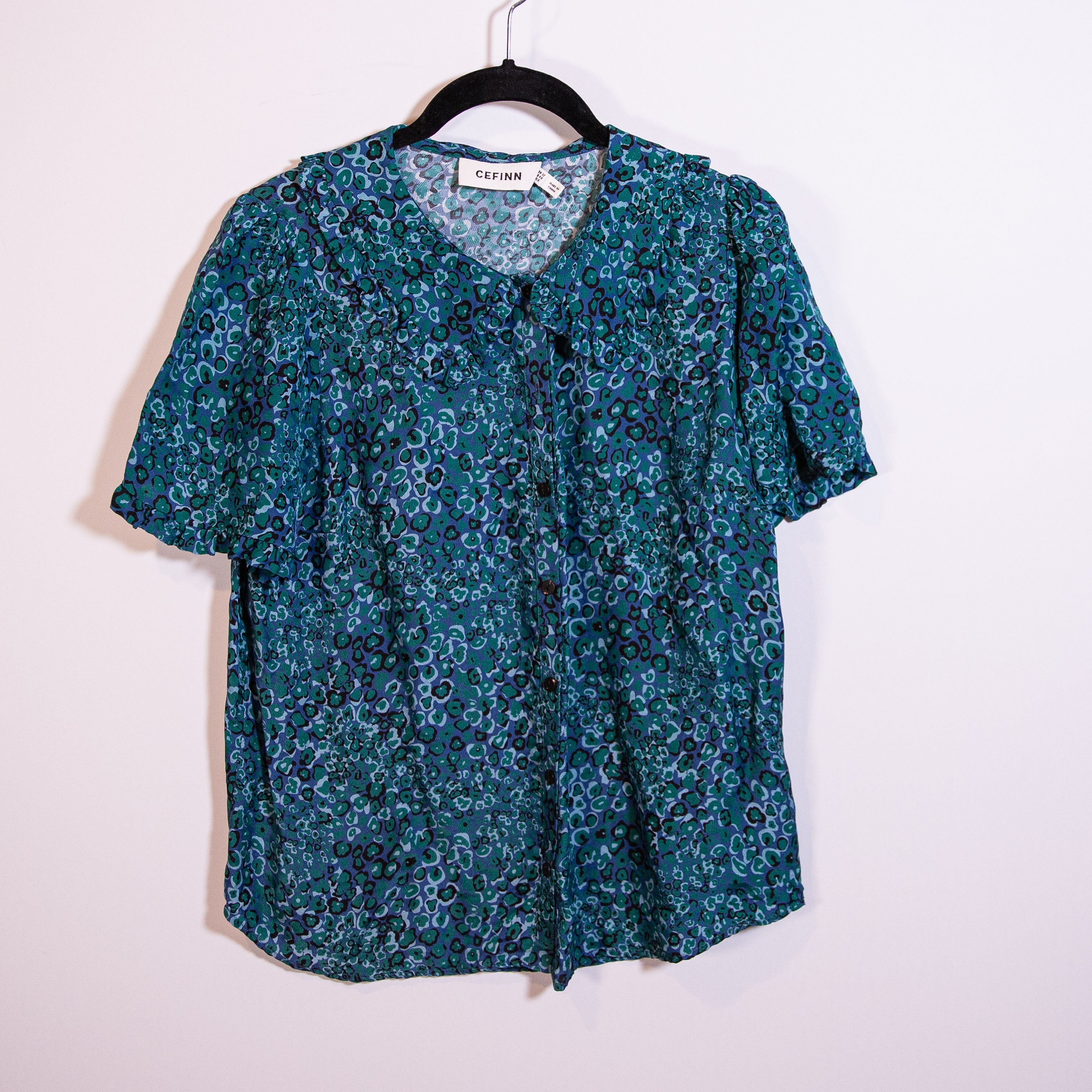 Cefinn Silk Chiffon Blue Green Print Pattern Collared Button Down Blouse Shirt 8