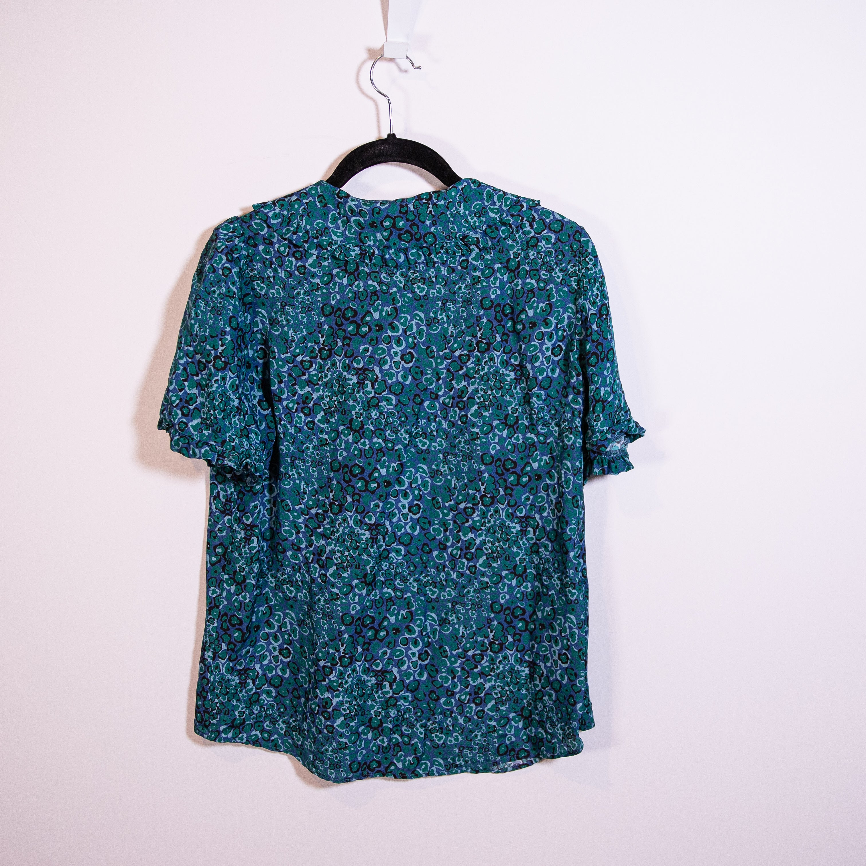 Cefinn Silk Chiffon Blue Green Print Pattern Collared Button Down Blouse Shirt 8