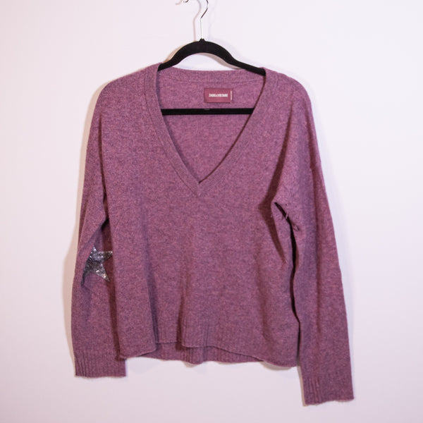 Zadig &amp; Voltaire Vivi WS Leather Patch 100% Cashmere Knit Stretch Sweater Purple