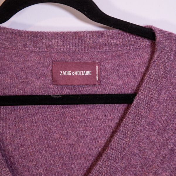 Zadig &amp; Voltaire Vivi WS Leather Patch 100% Cashmere Knit Stretch Sweater Purple