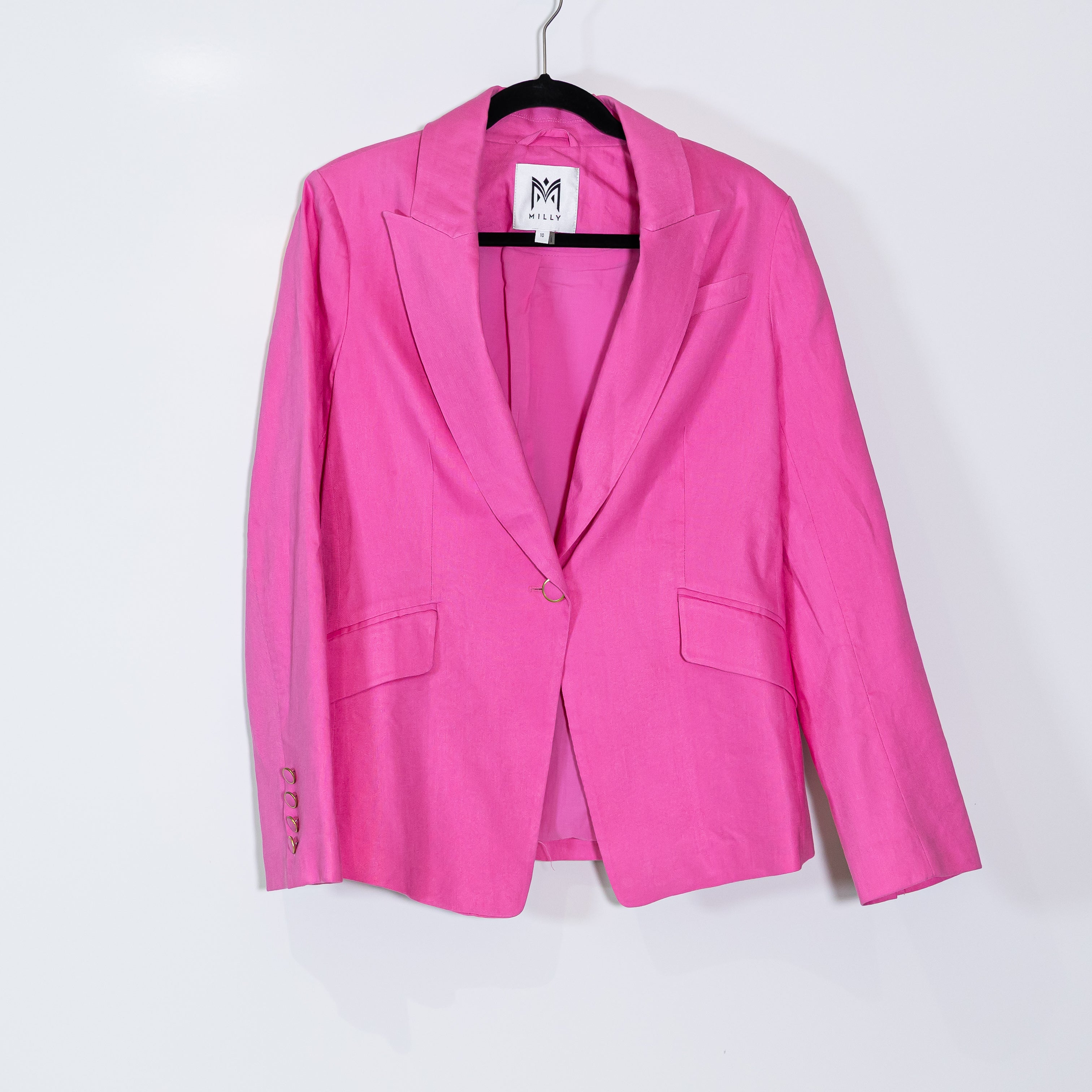 Milly Women's Cady Linen Blend Stretch One Button Blazer Jacket Bright Pink 10