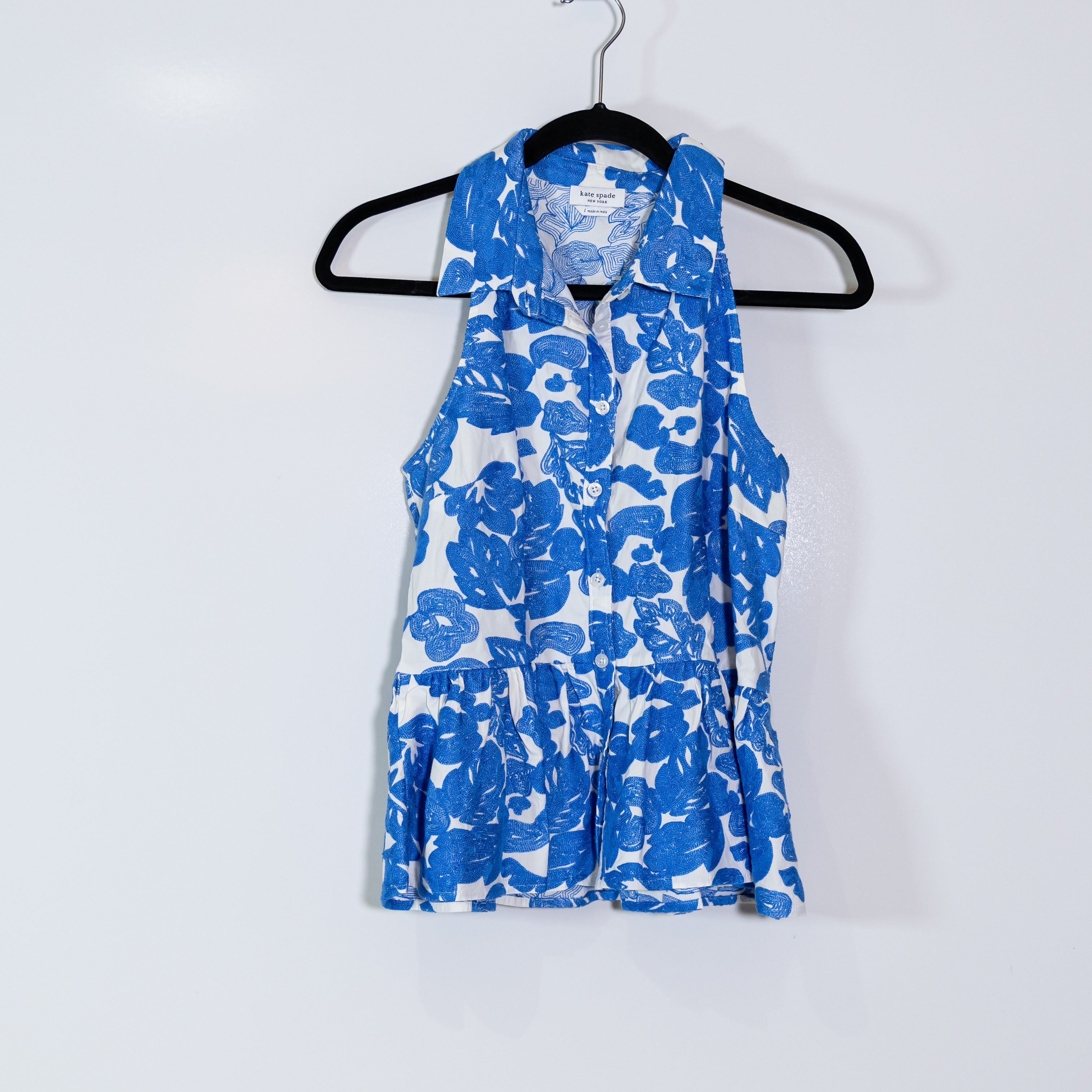 Kate Spade Tropical Foliage Cotton Embroidered Sleeveless Collared Top Riverside