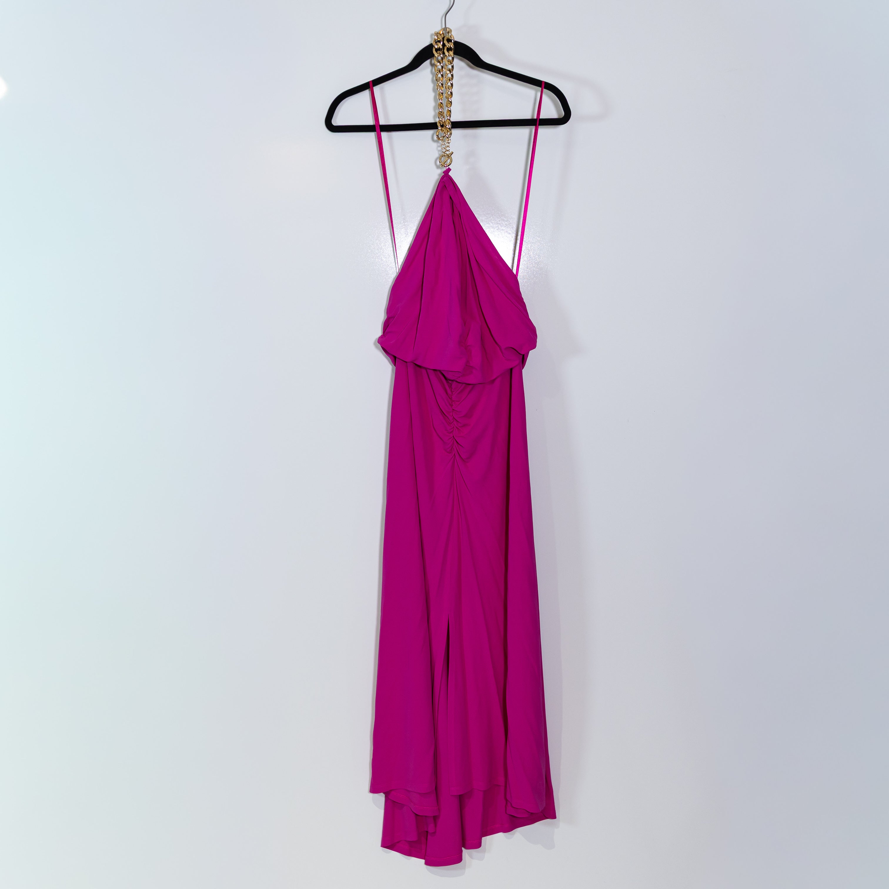 Veronica Beard Reze Jersey Knit Stretch Ruched Gold Chain Halterneck Dress Pink