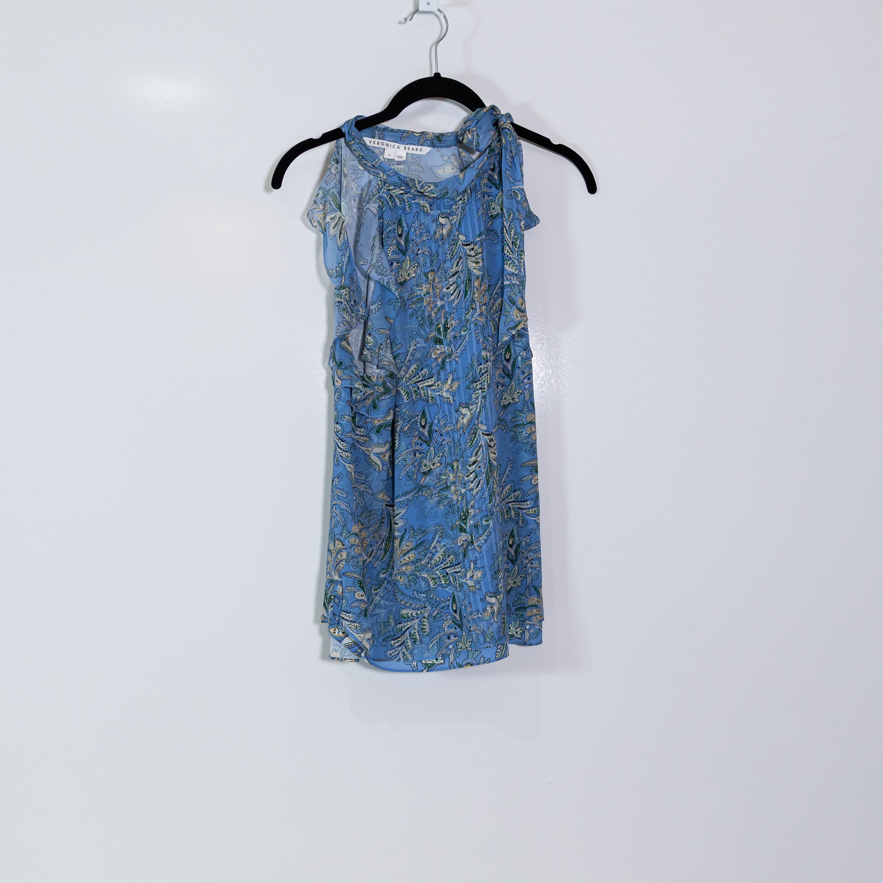 Veronica Beard Dalia Silk Chiffon Pleated Ruffle Blouse Aero Blue Floral Blouse