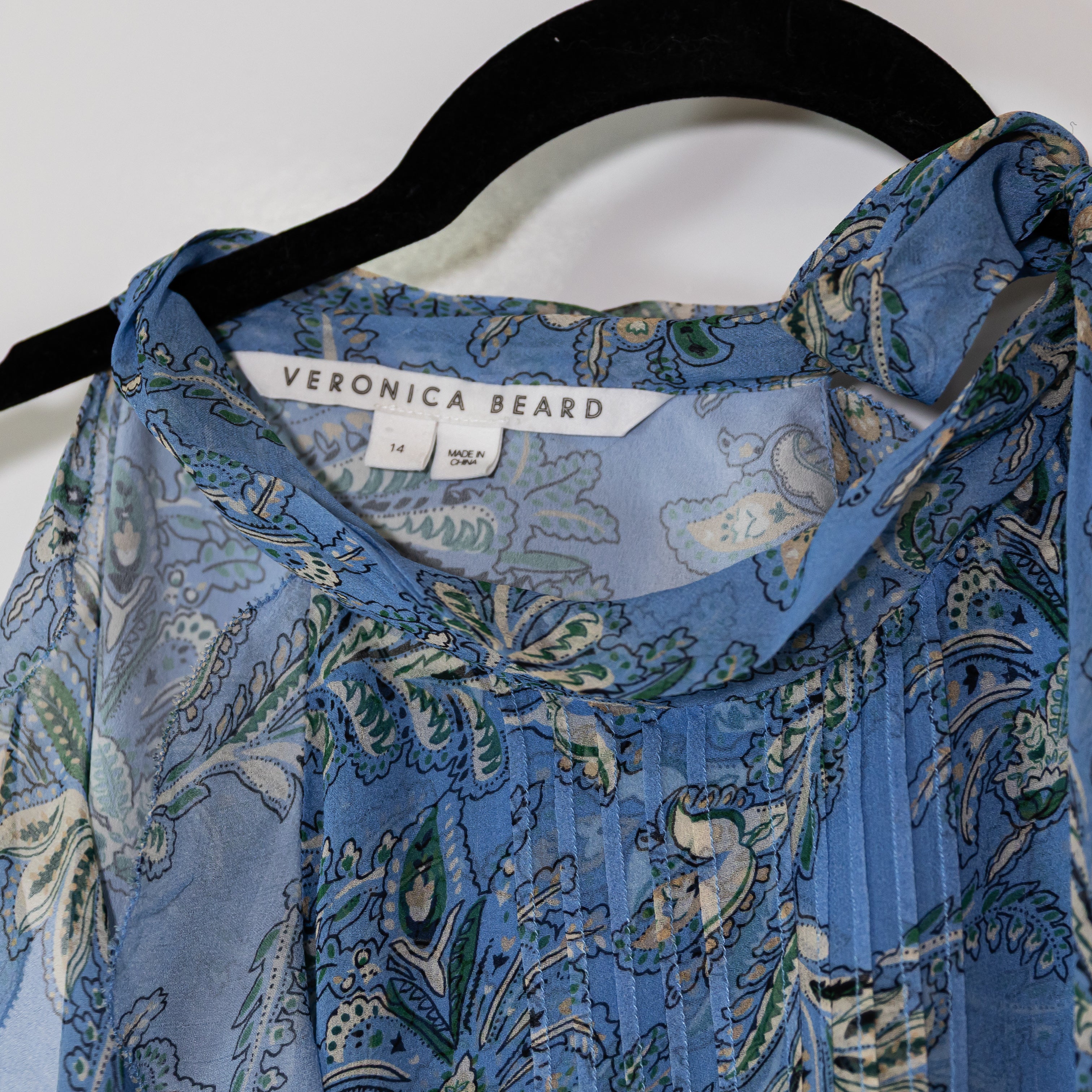 Veronica Beard Dalia Silk Chiffon Pleated Ruffle Blouse Aero Blue Floral Blouse