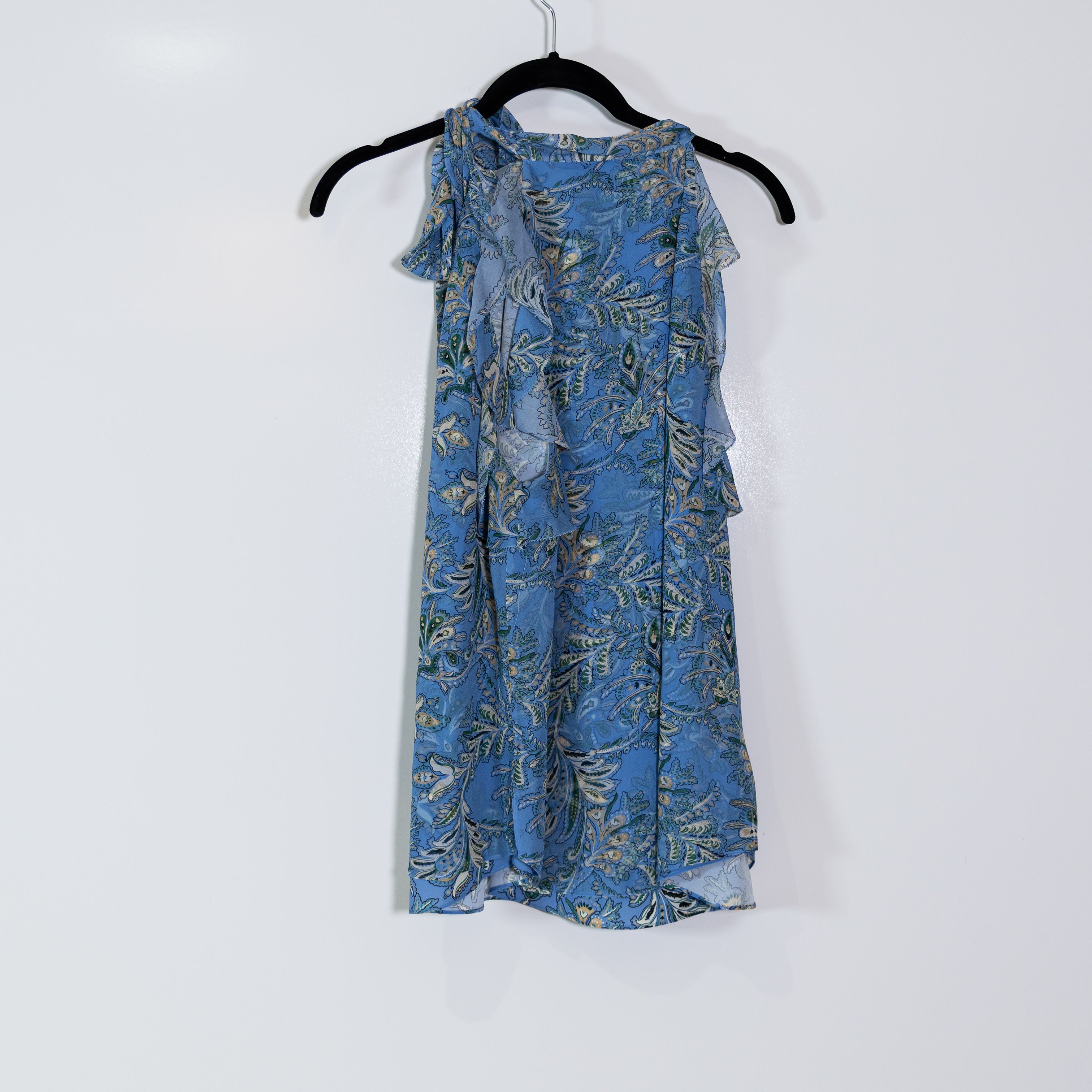 Veronica Beard Dalia Silk Chiffon Pleated Ruffle Blouse Aero Blue Floral Blouse