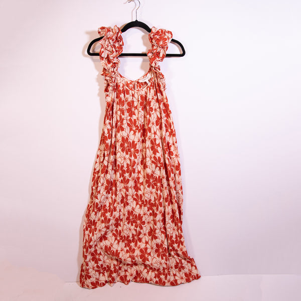 The Great Cascade Dress Crepe Ruffle Sleeve Burnt Red Hibiscus Flower Print Maxi