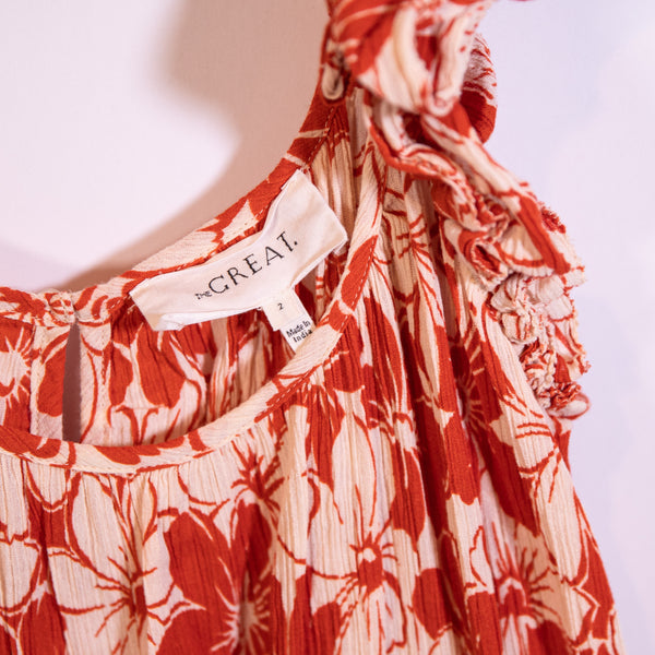 The Great Cascade Dress Crepe Ruffle Sleeve Burnt Red Hibiscus Flower Print Maxi