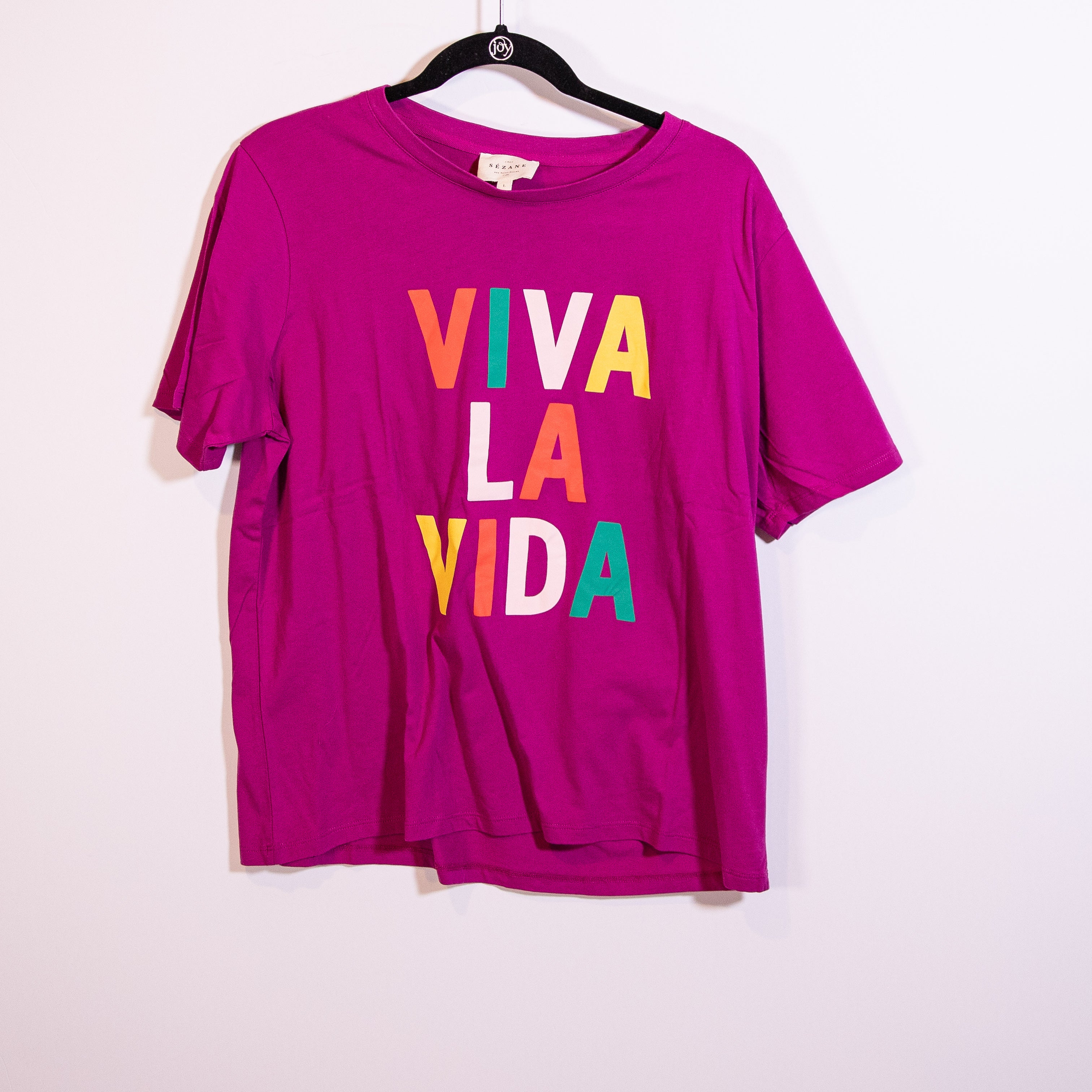 Sezane Viva La Vida Bold Graphic Print Pattern Crew Neck Cotton Tee Shirt Large