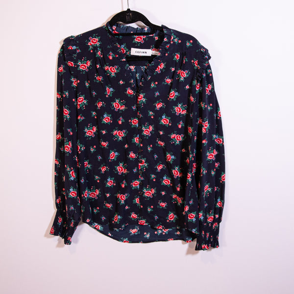 Cefinn Stealla Silk Chiffon Frill Ruffle V Neck Long Sleeve Floral Blouse Shirt
