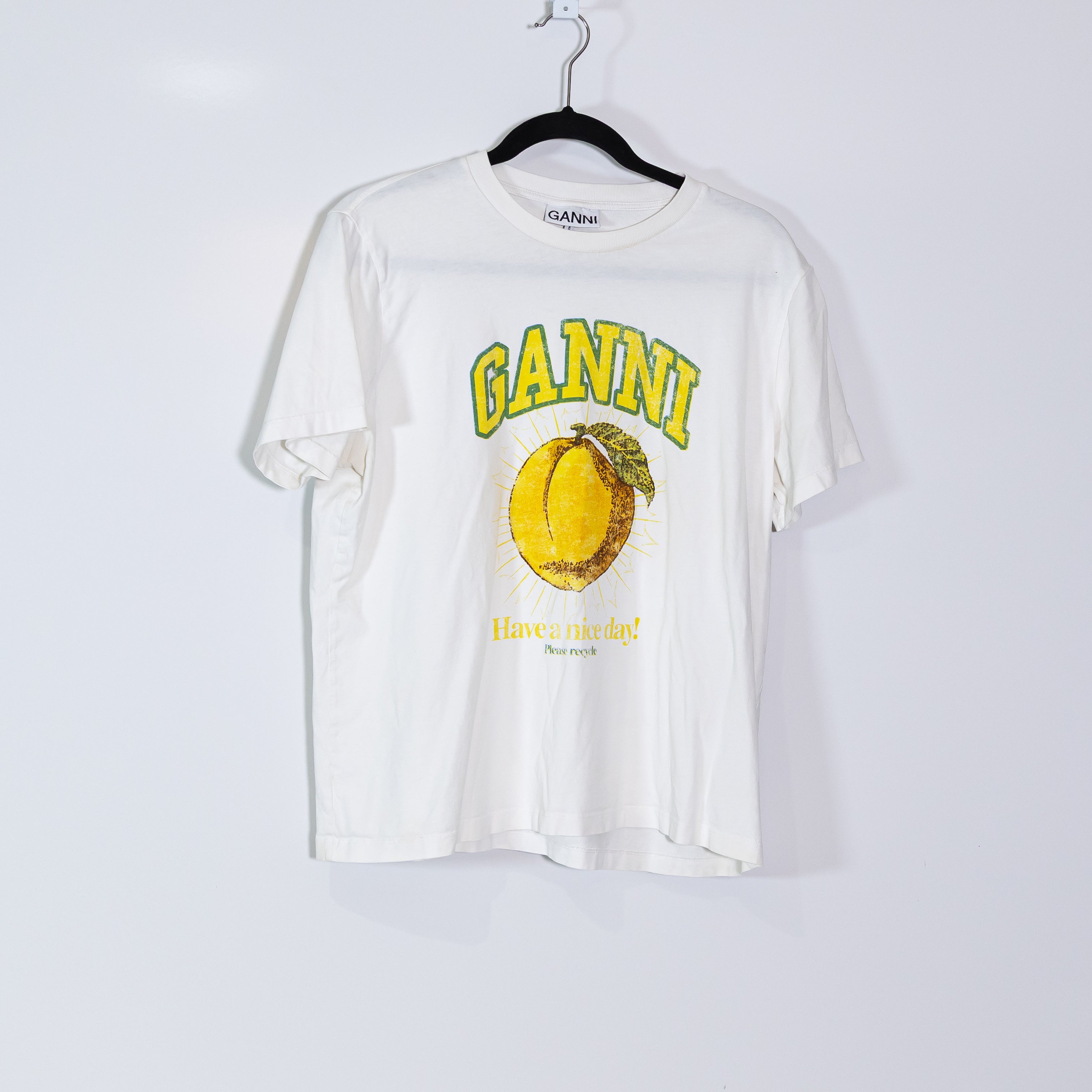 Ganni Relaxed Peach Have A Nice Day Graphic Print Pattern Cotton Tee Shirt Top L