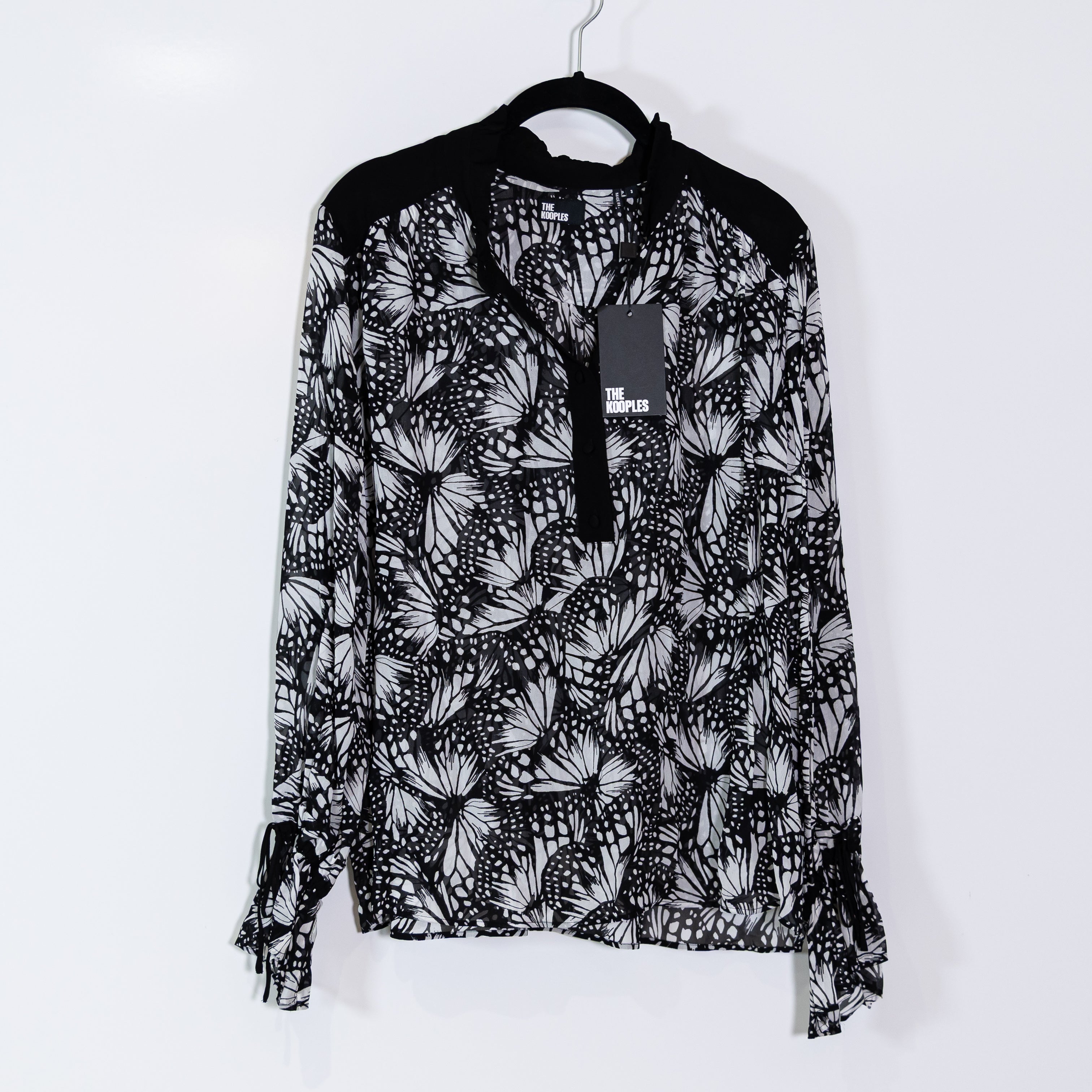 NEW The Kooples Butterfly Print Pattern Collared Long Sleeve Chiffon Blouse L