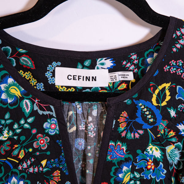Cefinn Nessa Cotton Poplin Belted V Neck Ruffle Sleeve Midi Dress Black Floral 8