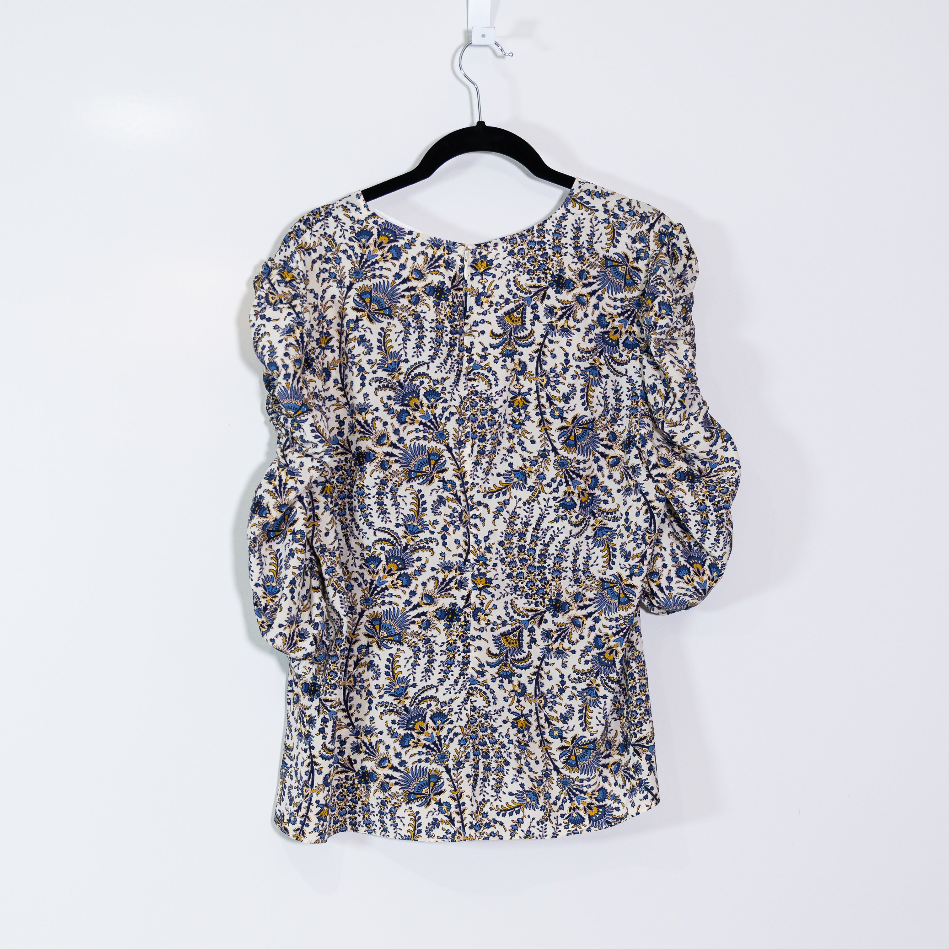 Veronica Beard Henrieta Silk Chiffon Ruched Sleeve Ecru Multi Print Blouse 14