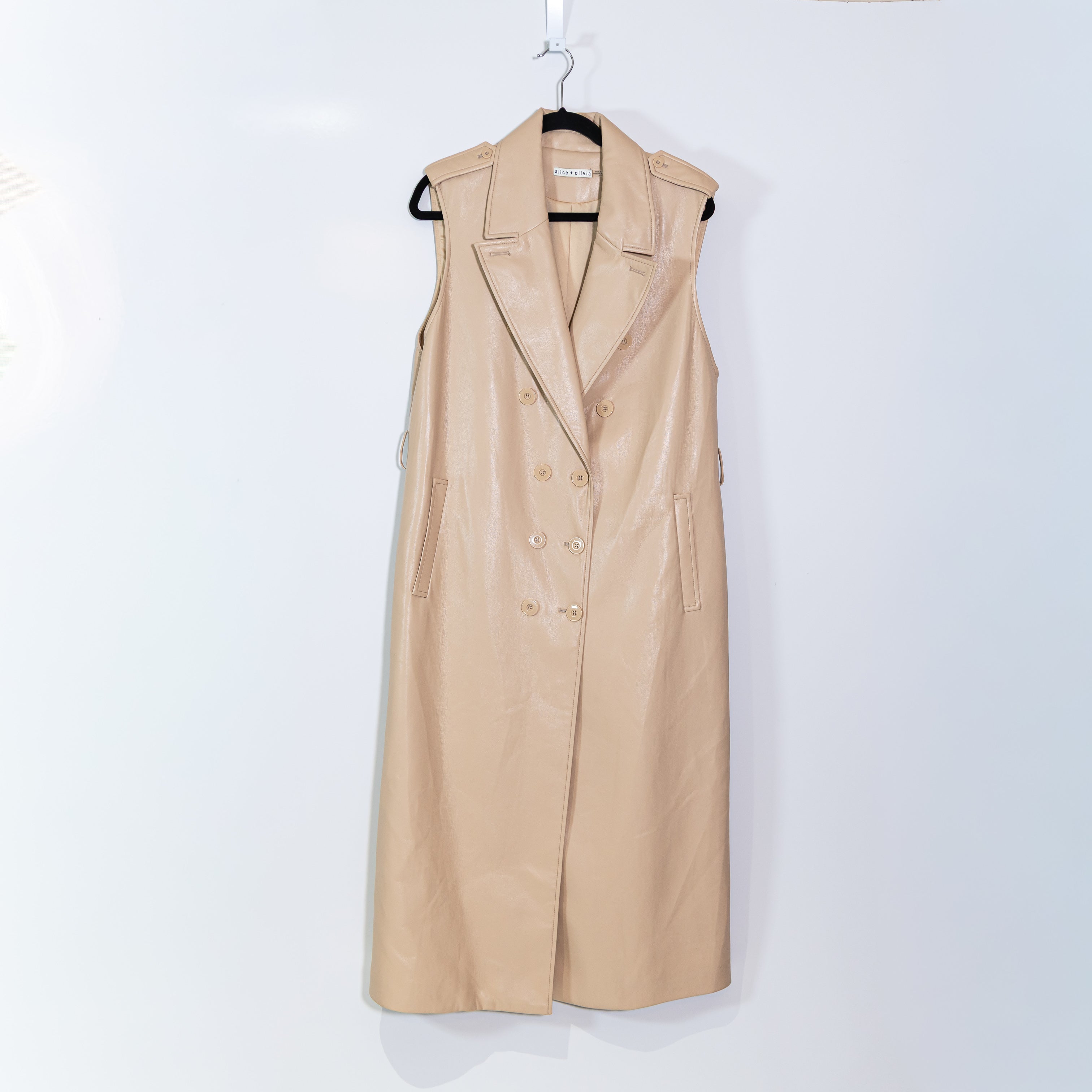 Alice And Olivia Conan Faux Vegan Leather Long Vest Jacket Dress Almond XL