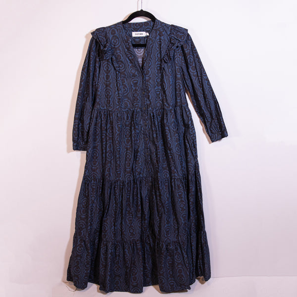 Cefinn Dixie Cotton Drawstring Long Sleeve Frill Maxi Dress Denim Blue Moire 6