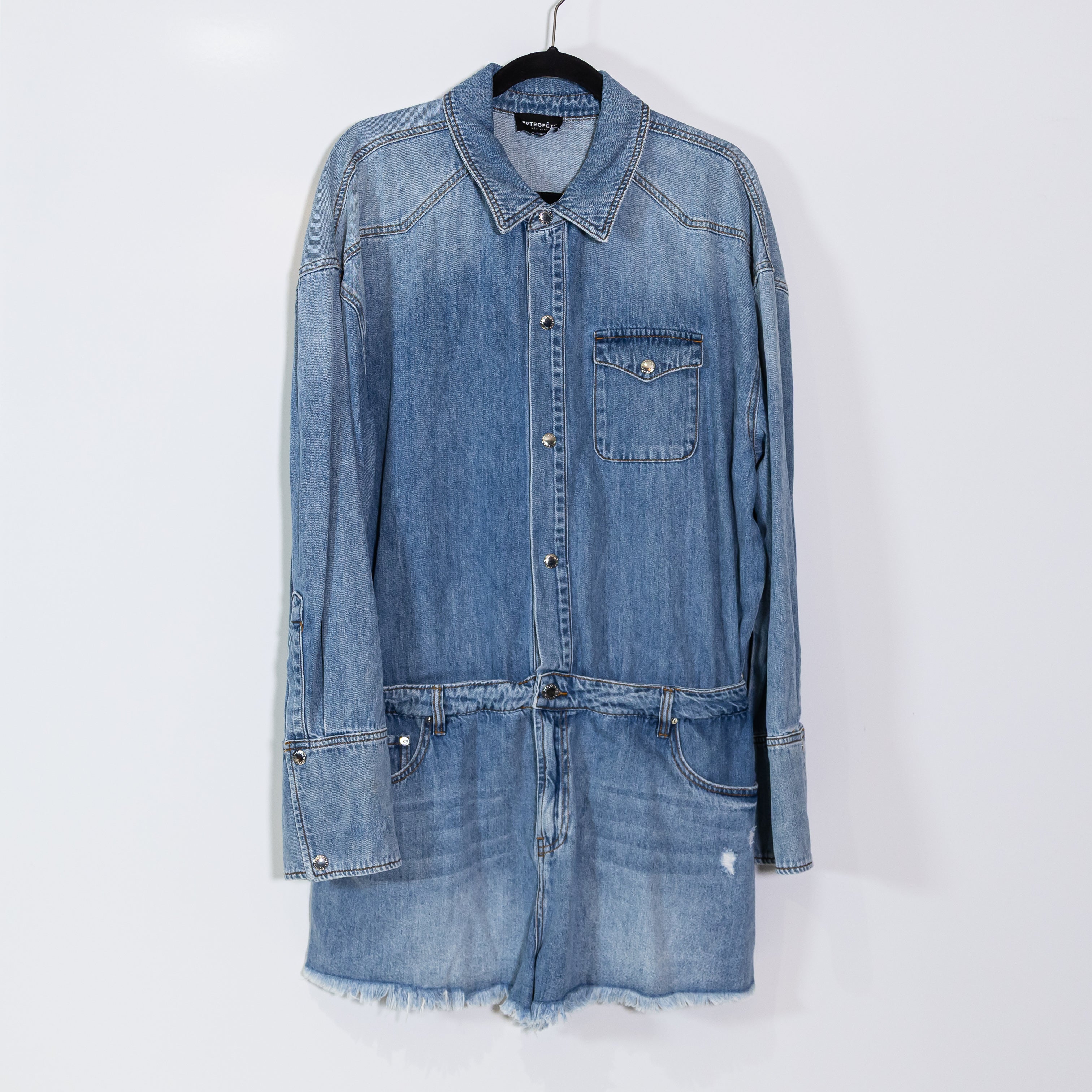 Retrofete Annie Cotton Collared Button Front Denim Jean Mini Romper Oasis Blue