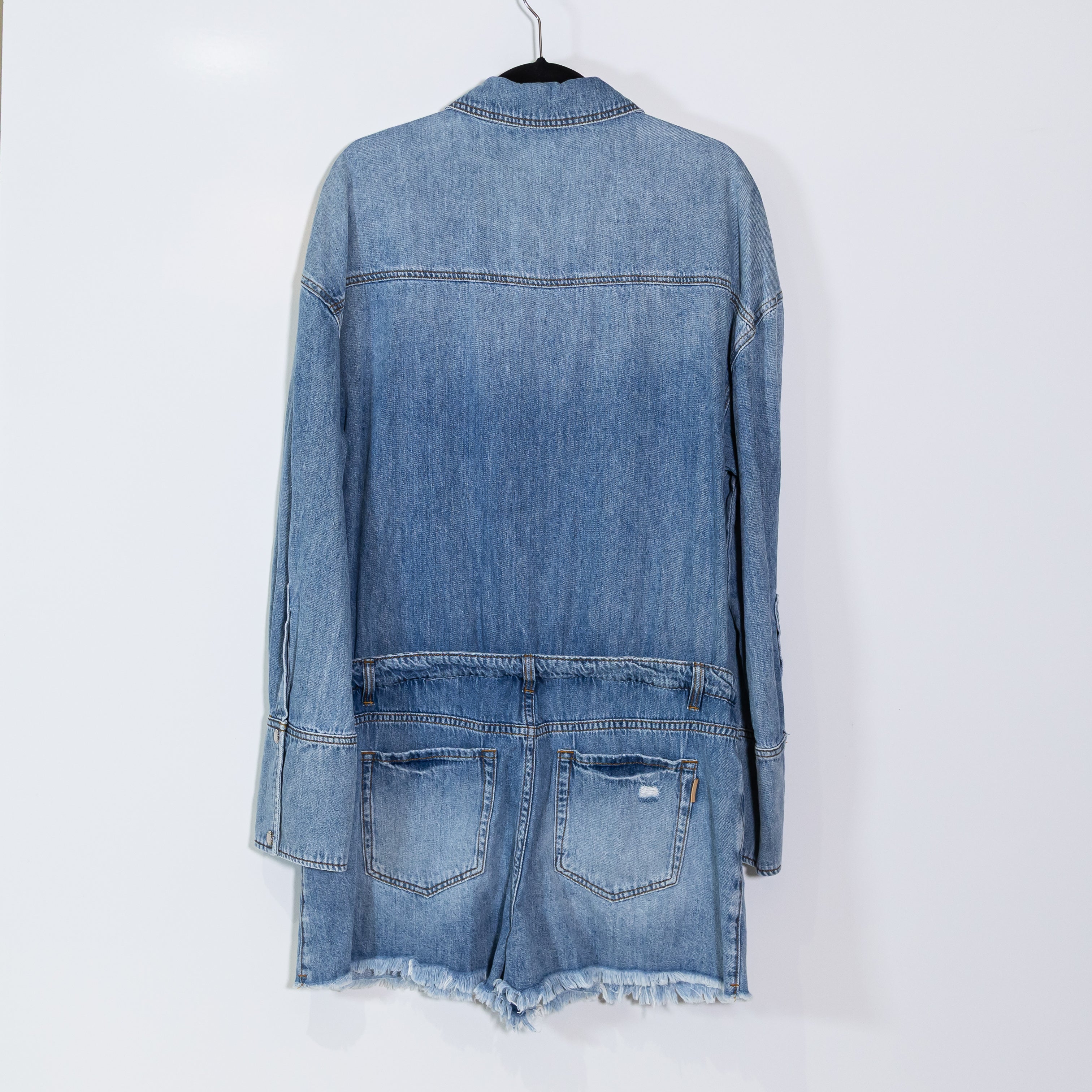 Retrofete Annie Cotton Collared Button Front Denim Jean Mini Romper Oasis Blue
