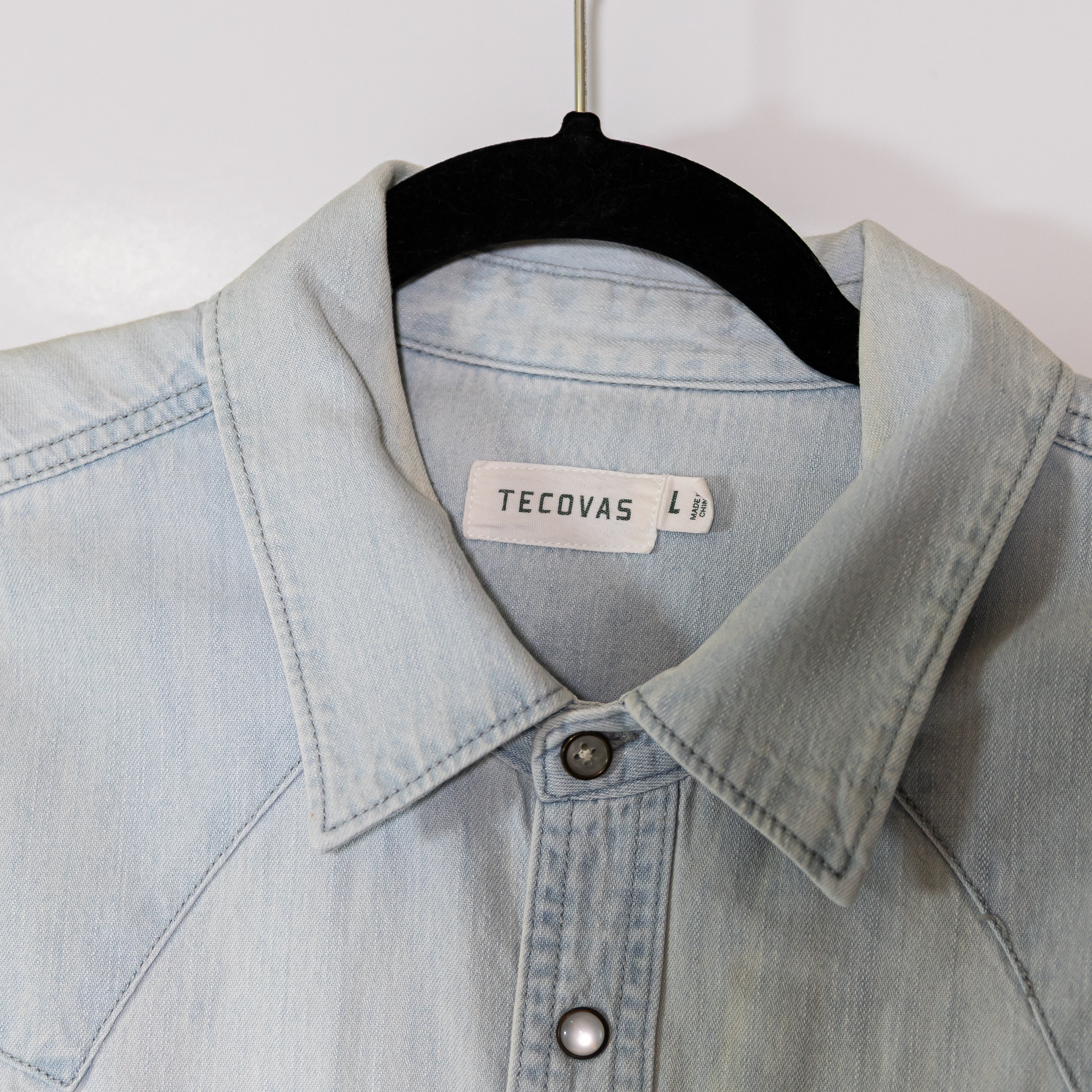 Tecovas Women's Denim Pearl Snap Collared Long Sleeve Cotton Shirt Large Blue