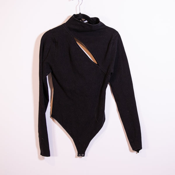Good American Cotton Blend Sweater Knit Cut Out Mock Neck Bodysuit Black Medium