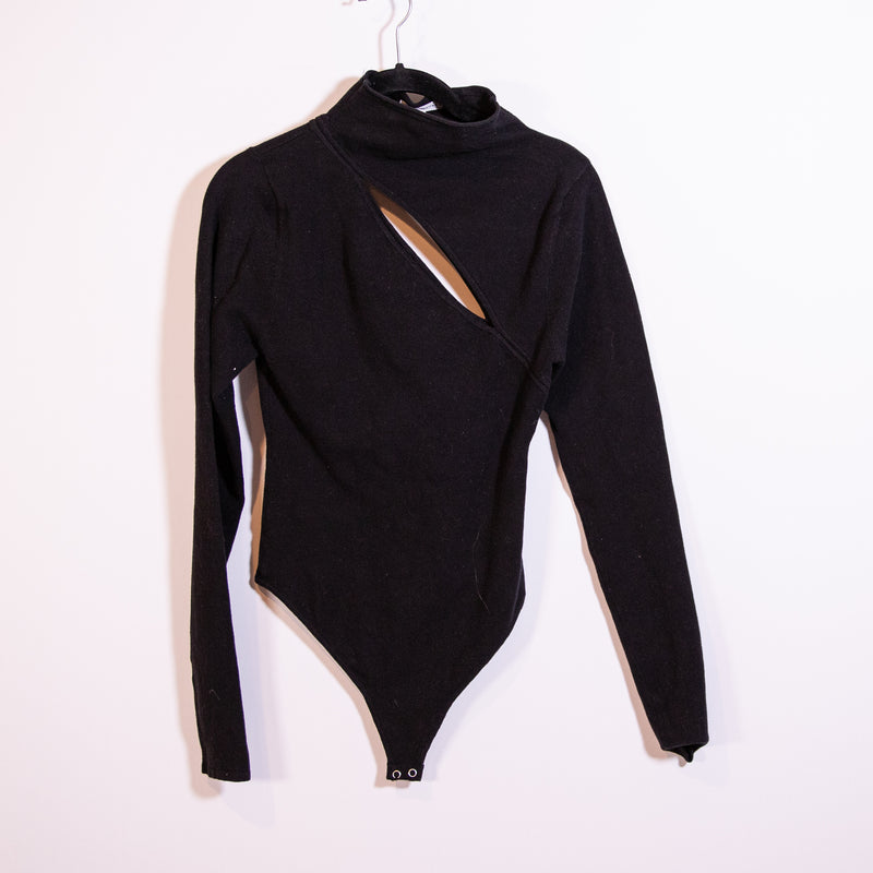 Good American Cotton Blend Sweater Knit Cut Out Mock Neck Bodysuit Black Medium