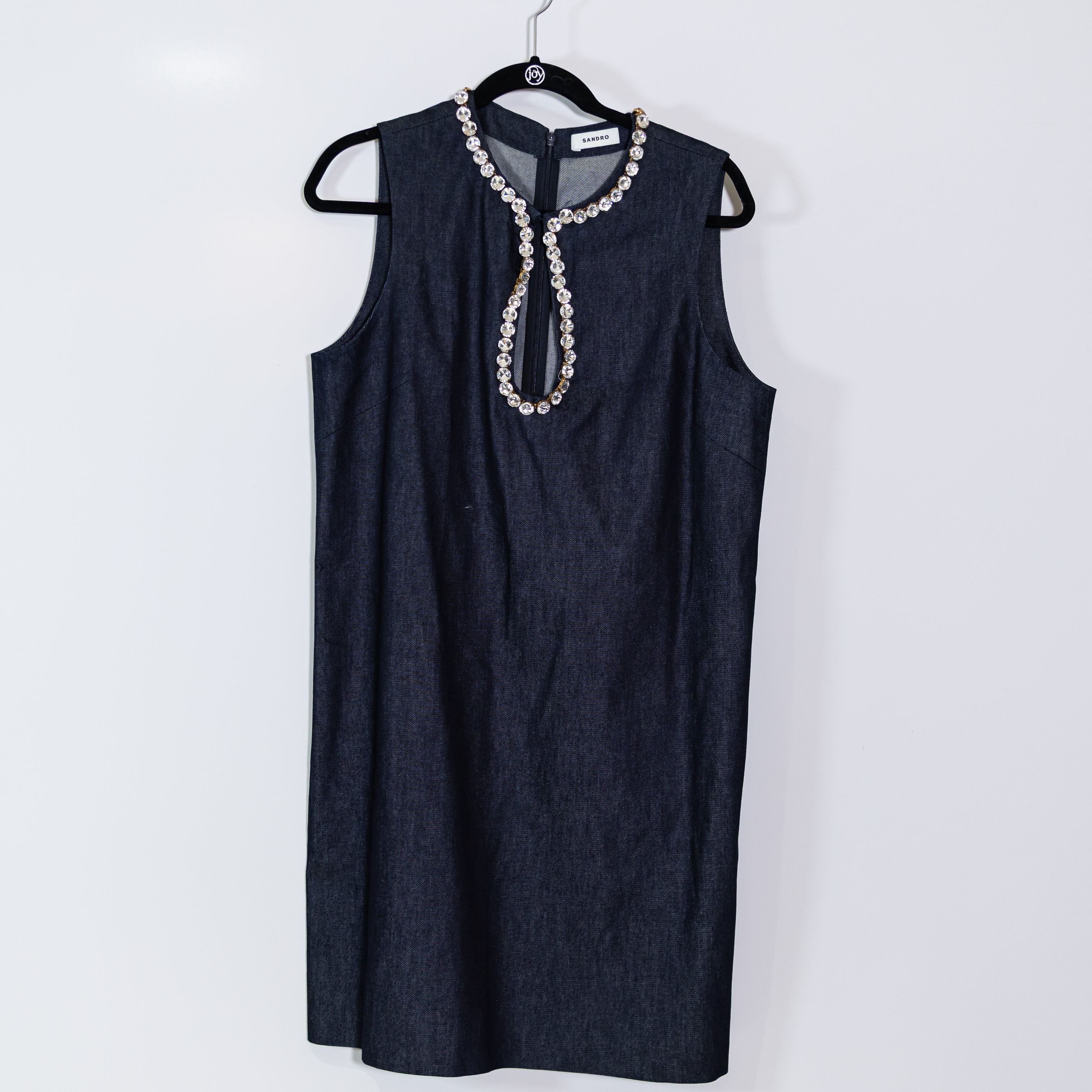 Sandro Rhinestone Crystal Jewel Diamond Embellished Cotton Denim Jean Dress L