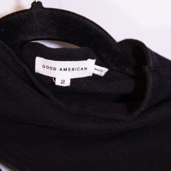 Good American Cotton Blend Sweater Knit Cut Out Mock Neck Bodysuit Black Medium