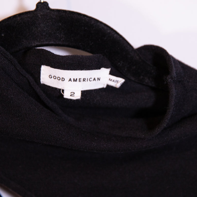 Good American Cotton Blend Sweater Knit Cut Out Mock Neck Bodysuit Black Medium