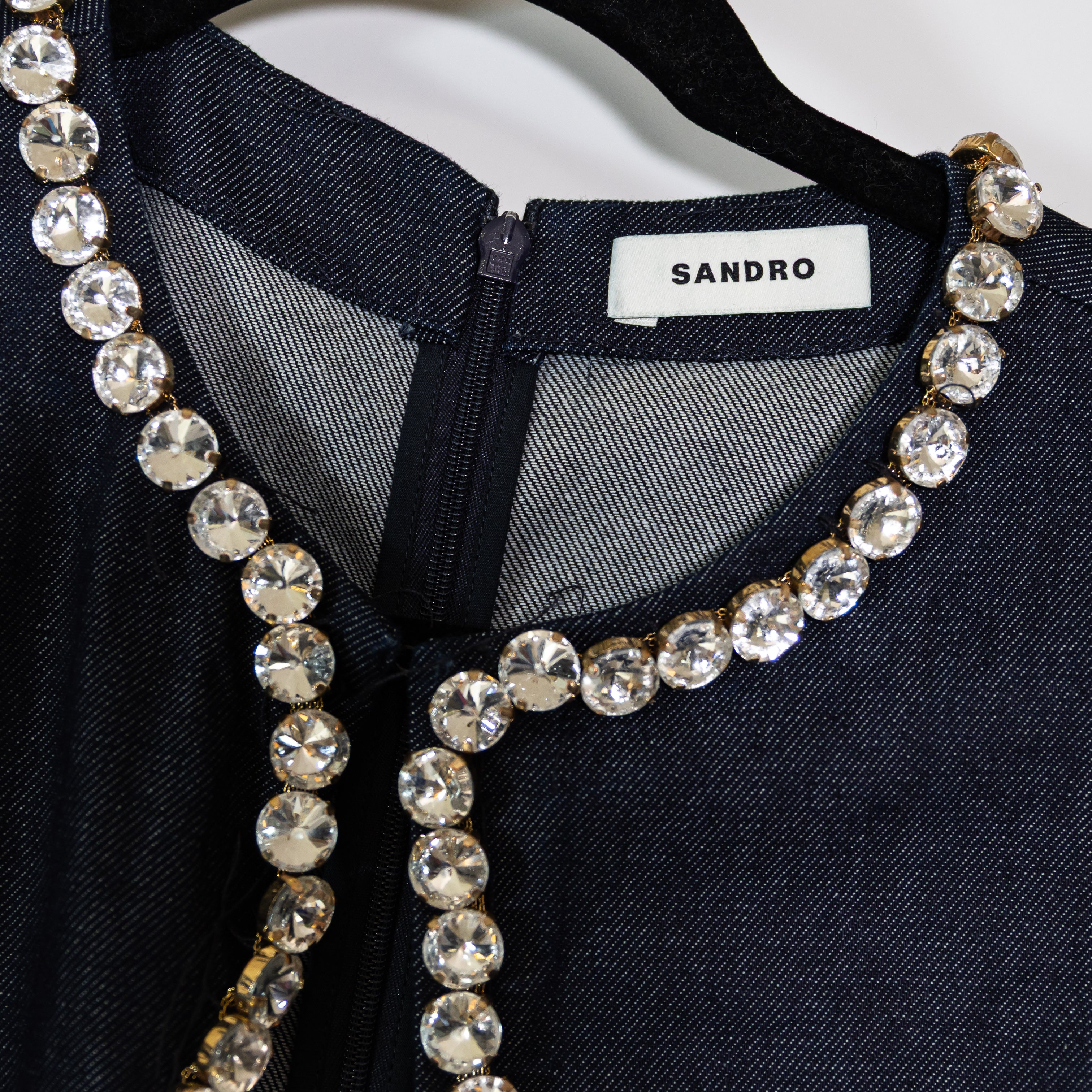 Sandro Rhinestone Crystal Jewel Diamond Embellished Cotton Denim Jean Dress L