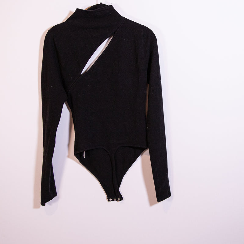 Good American Cotton Blend Sweater Knit Cut Out Mock Neck Bodysuit Black Medium