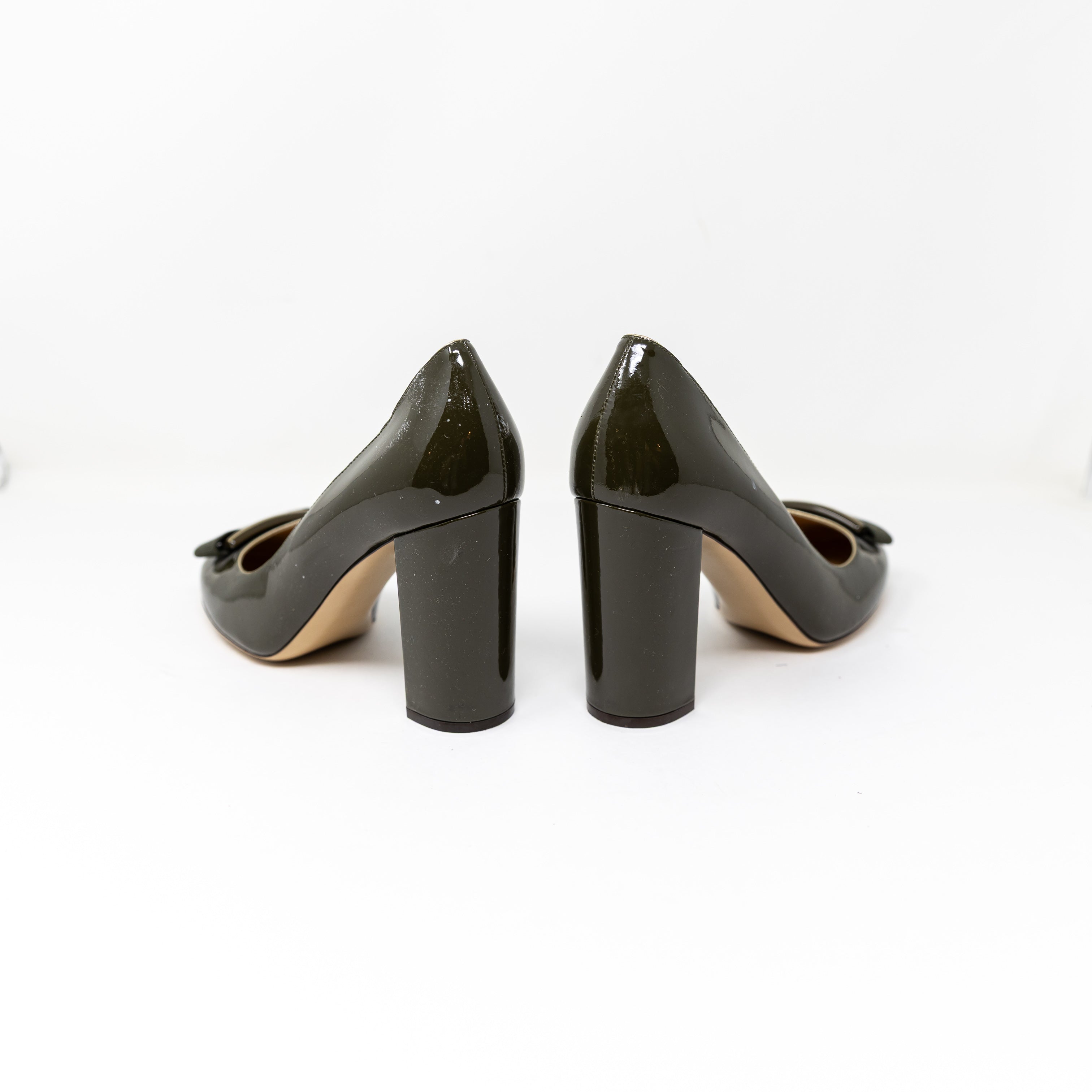 Ferragamo Elinda Genuine Patent Leather Logo Bow Almond Toe High Heel Pumps Shoe